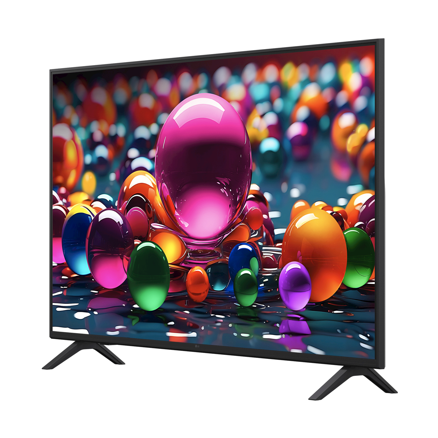 TV nero su supporto con palline colorate visualizzate sullo schermo.