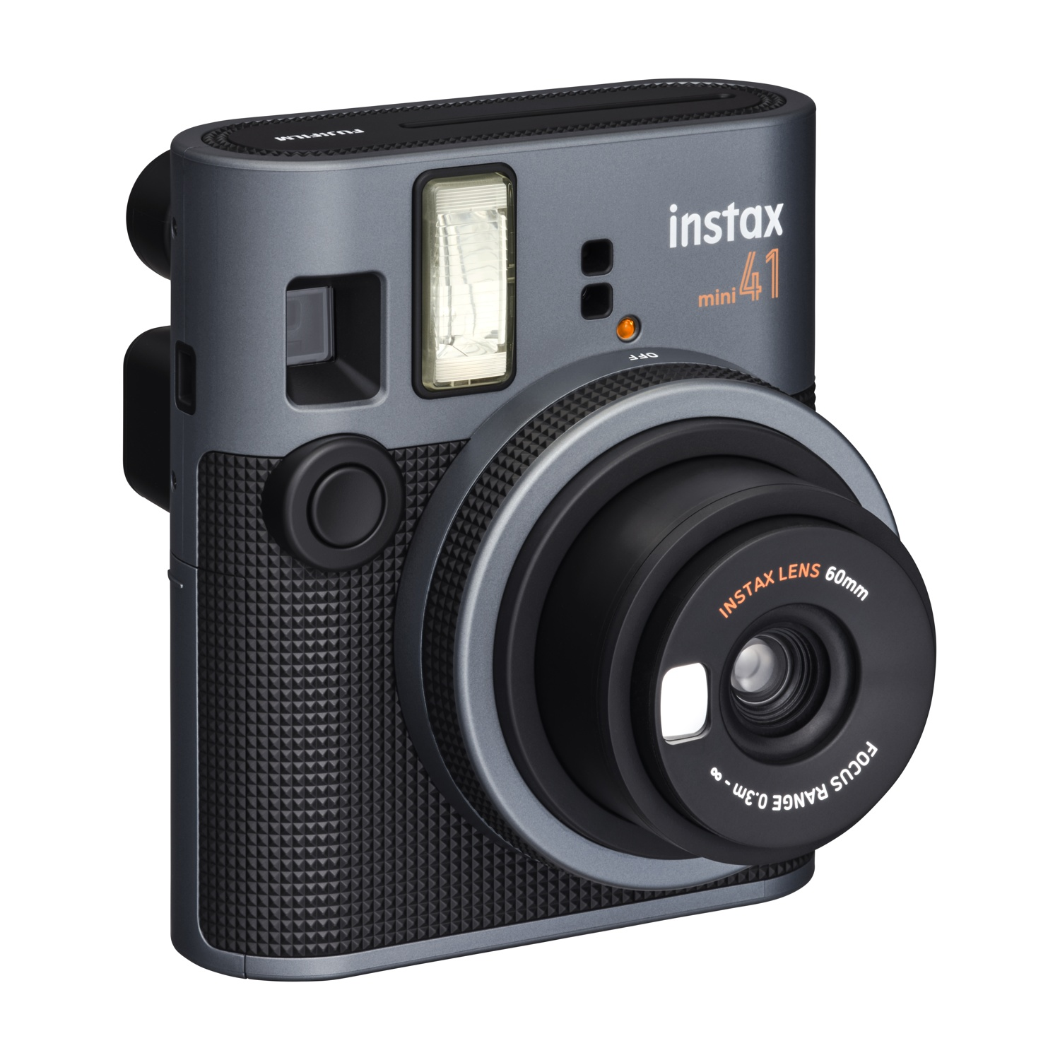 Una fotocamera istantanea grigia instax mini 41. Ha un obiettivo, un flash e alcuni pulsanti.