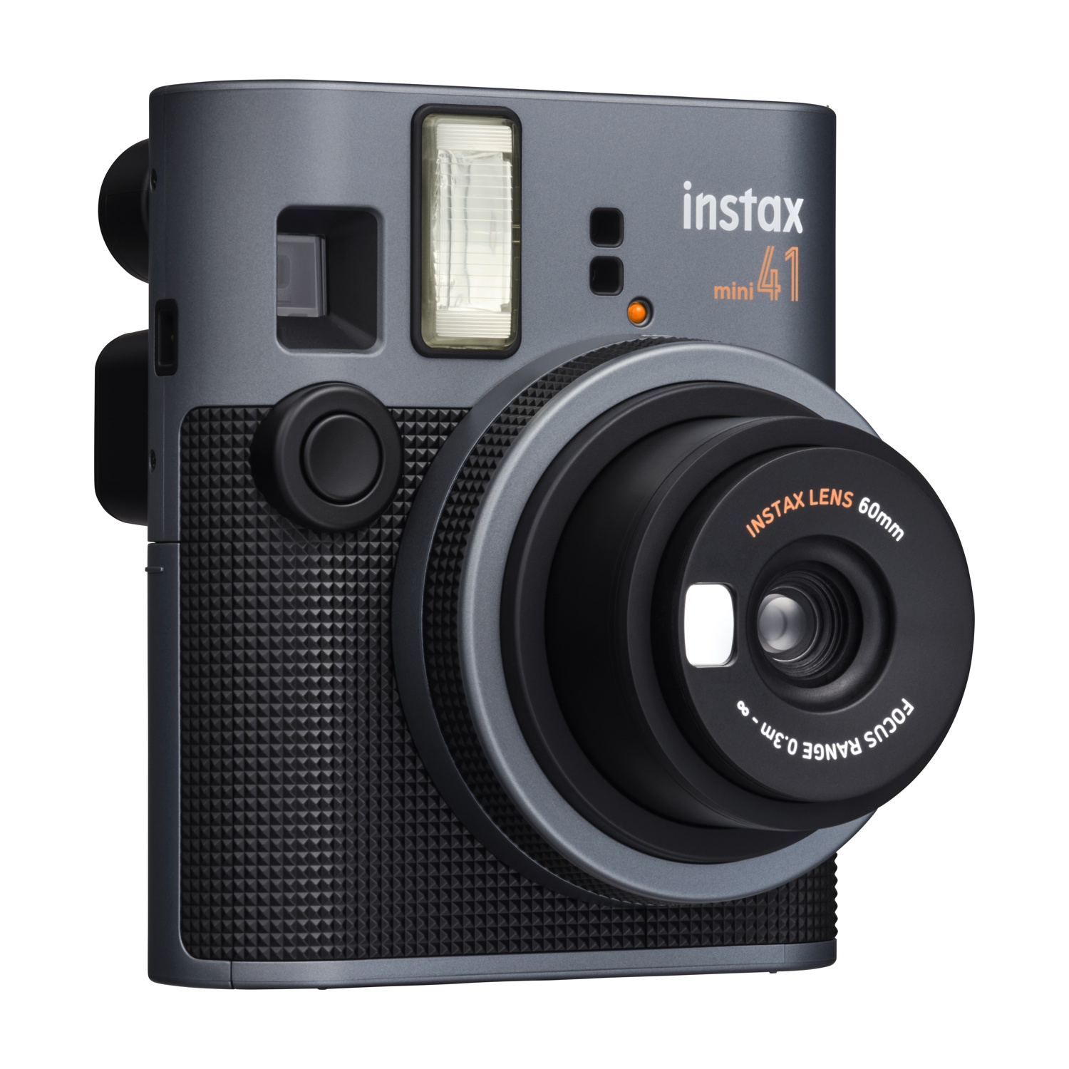 Una fotocamera istantanea grigia instax mini 41. Ha un obiettivo, un flash e alcuni pulsanti.