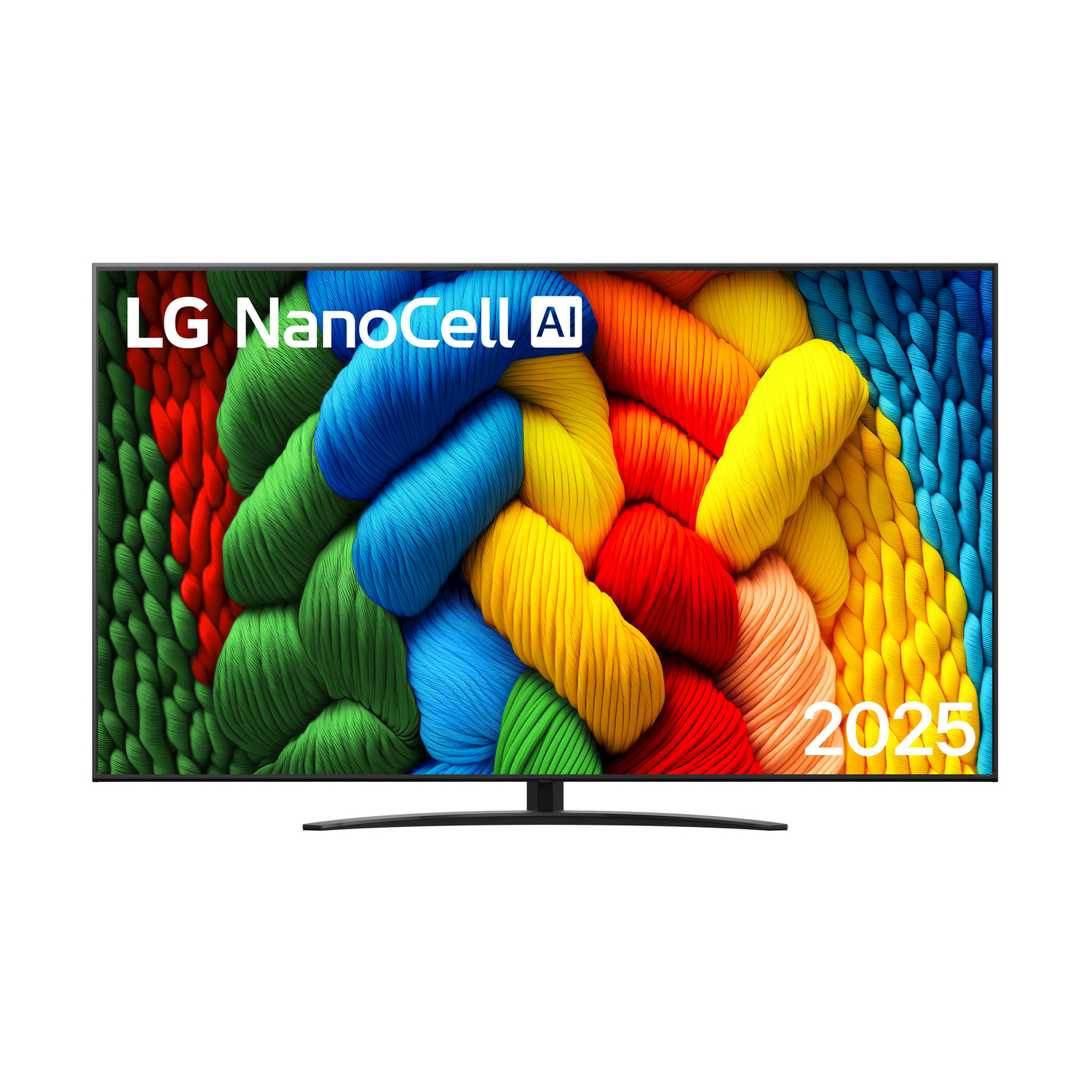TV LG NanoCell AI, schermo astratto colorato, 2025 visualizzato sullo schermo.