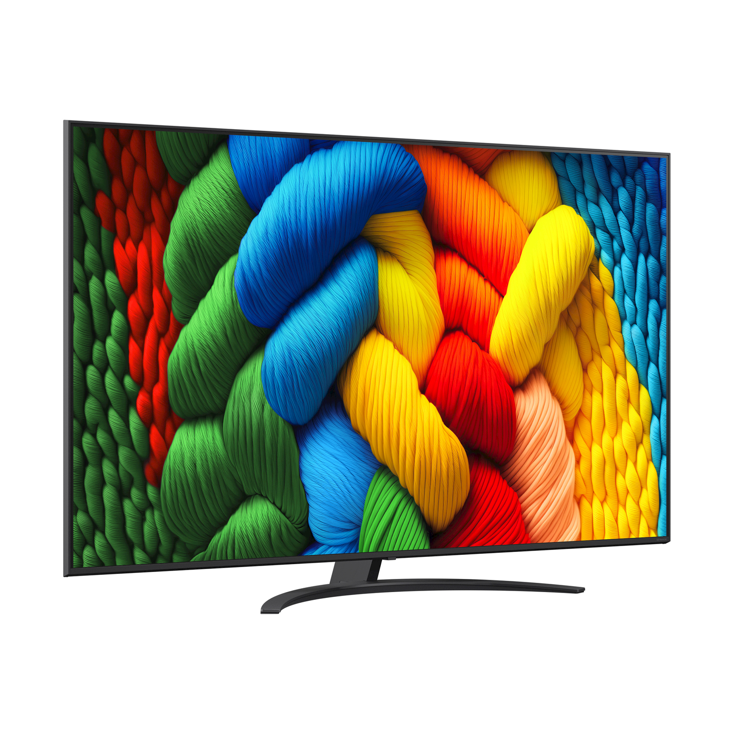 Una TV mostra un motivo astratto colorato. La TV è su un supporto nero.