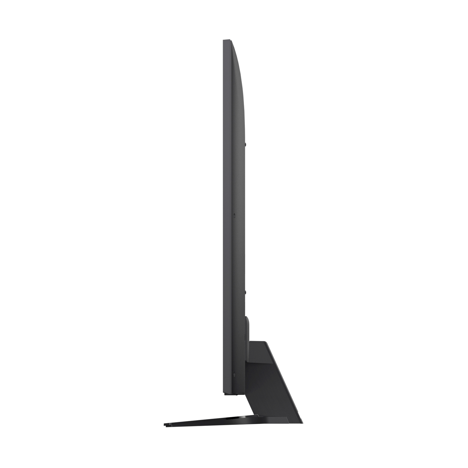 Una vista laterale di una smart TV piatta e nera con un supporto nero su sfondo bianco.