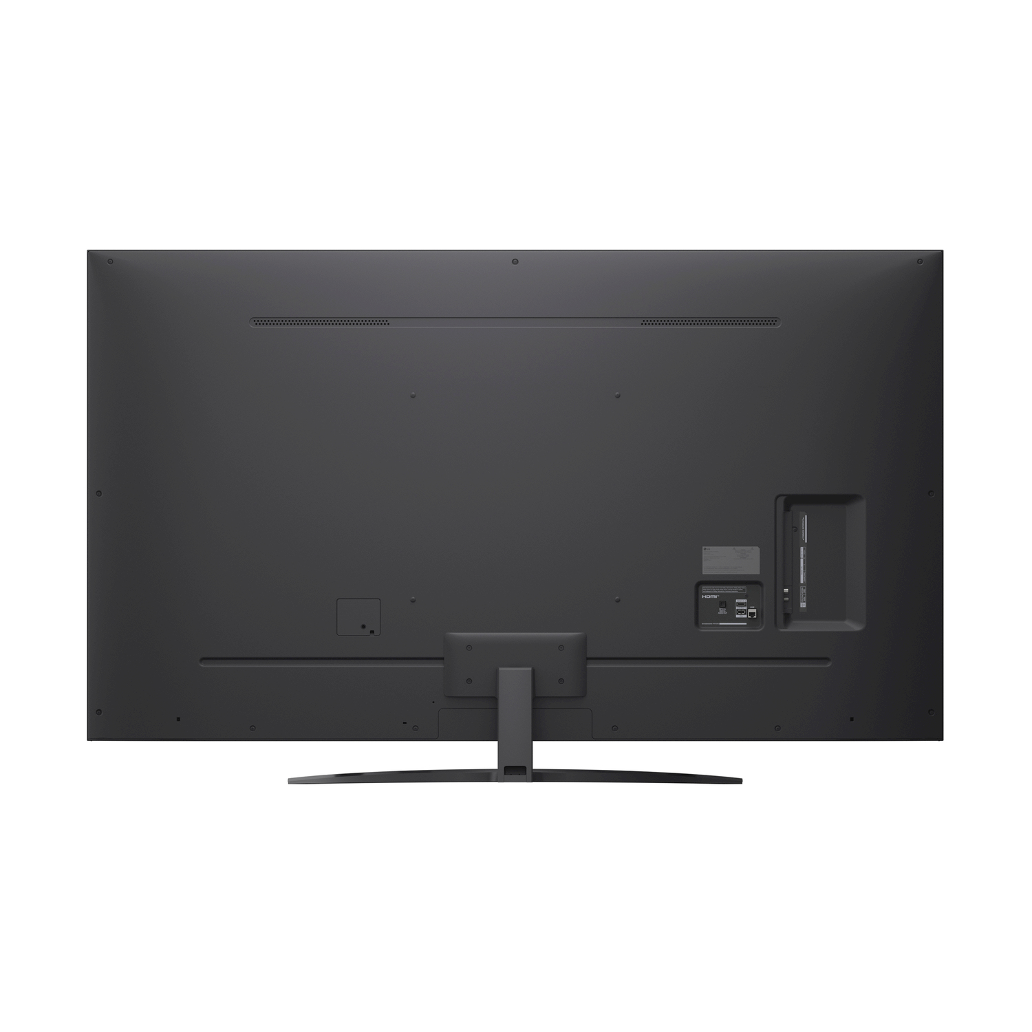Retro di una TV nera su sfondo bianco. Mostra porte e supporto. Design moderno.