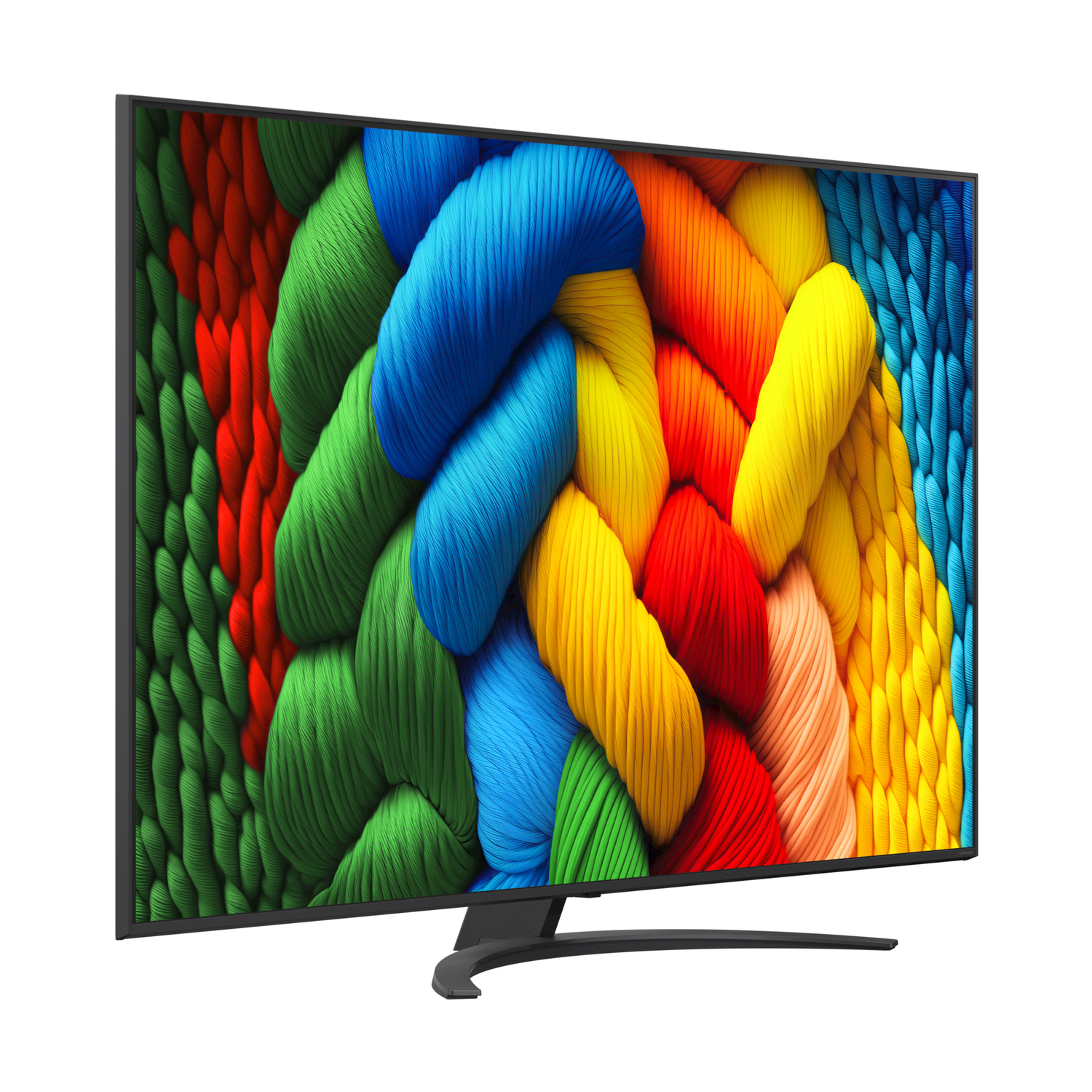 TV con un design a treccia luminoso e colorato sullo schermo e un supporto nero.