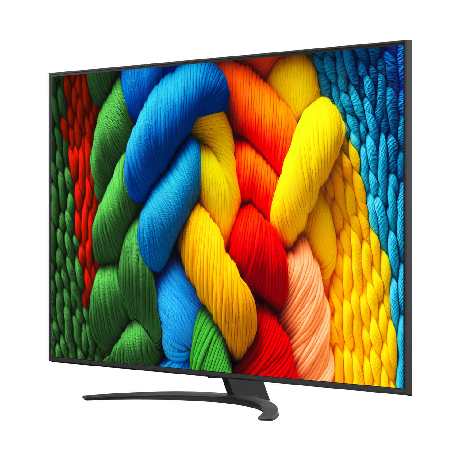 TV a schermo curvo che mostra arte astratta colorata di fili.