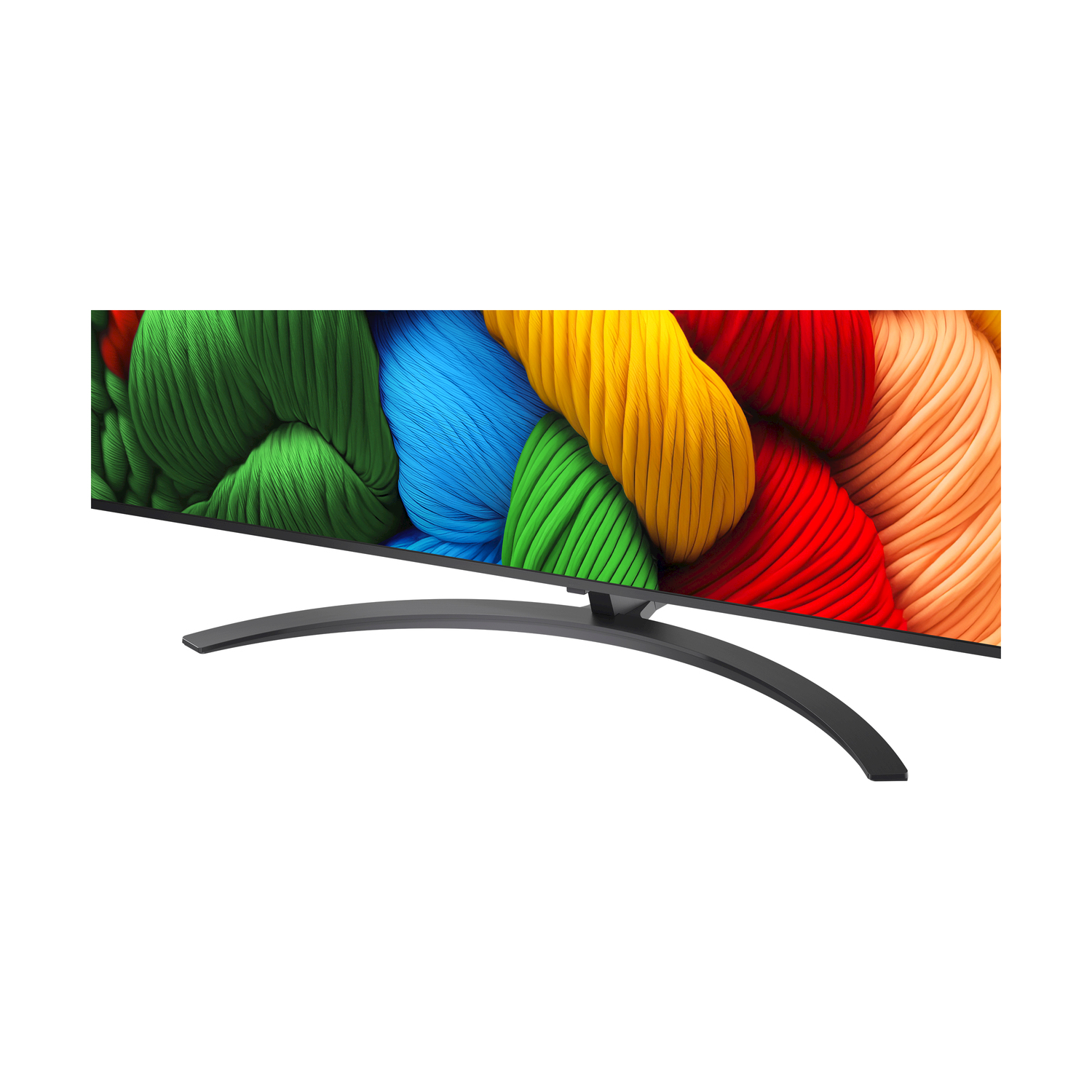 TV curvo con filati colorati sullo schermo. Sfondo bianco e supporto curvo.