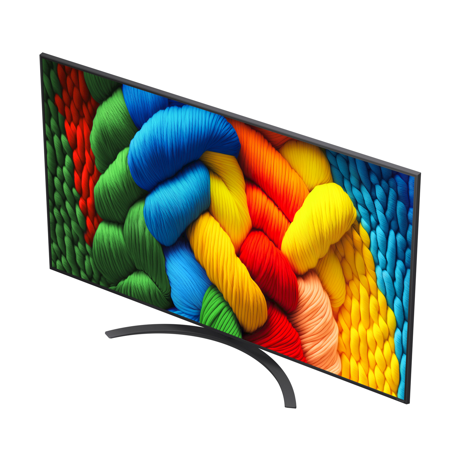TV con schermo curvo con motivi a corda colorati e cornice nera.