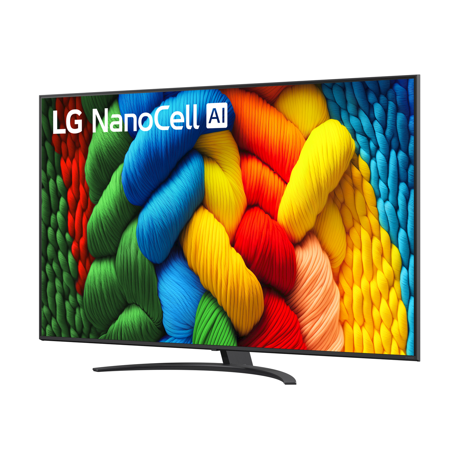 TV LG NanoCell AI con arte di filato colorato e un supporto nero.
