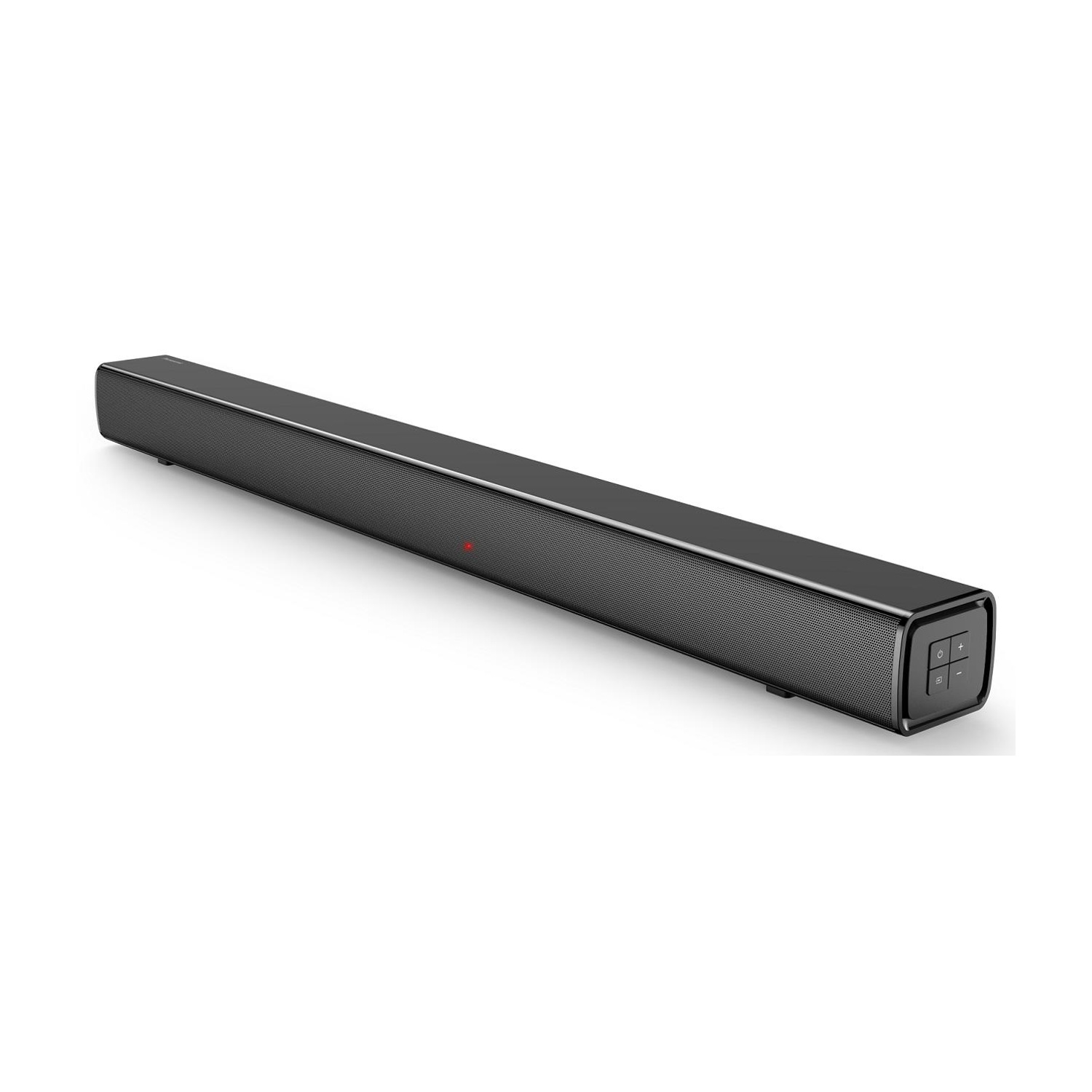 Altoparlante soundbar nero su bianco. Mostra i pulsanti sul lato destro e una luce rossa.