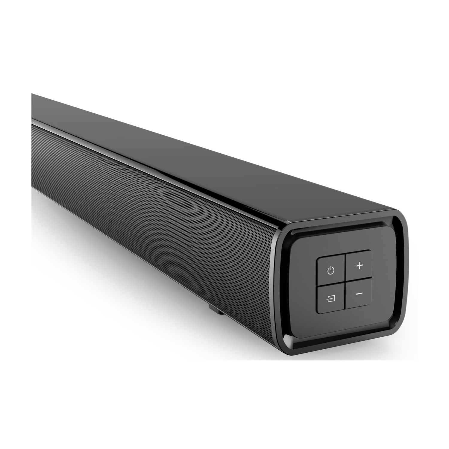 Una soundbar nera con un frontale in rete. Ha pulsanti di accensione, volume e ingresso sulla destra.