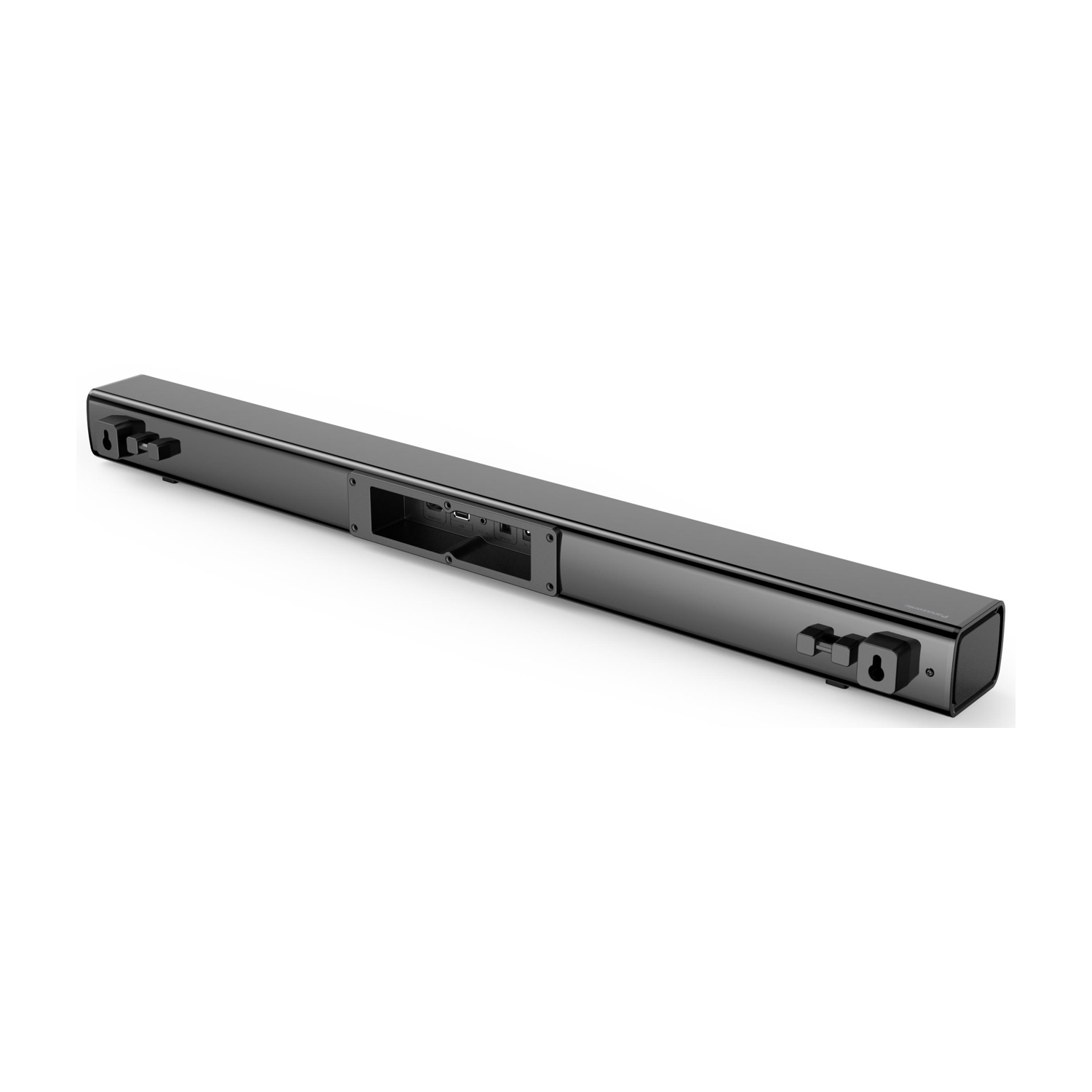 Una soundbar nera, rettangolare con bordi arrotondati, che mostra le porte sul retro e le staffe di montaggio.
