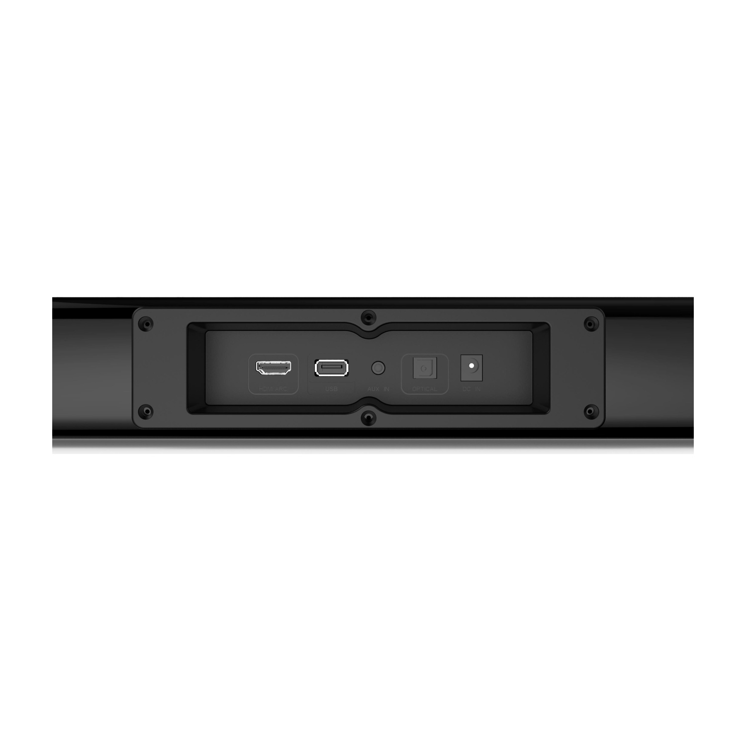 La parte posteriore di una soundbar nera con porte HDMI, USB e alimentazione, su sfondo bianco.