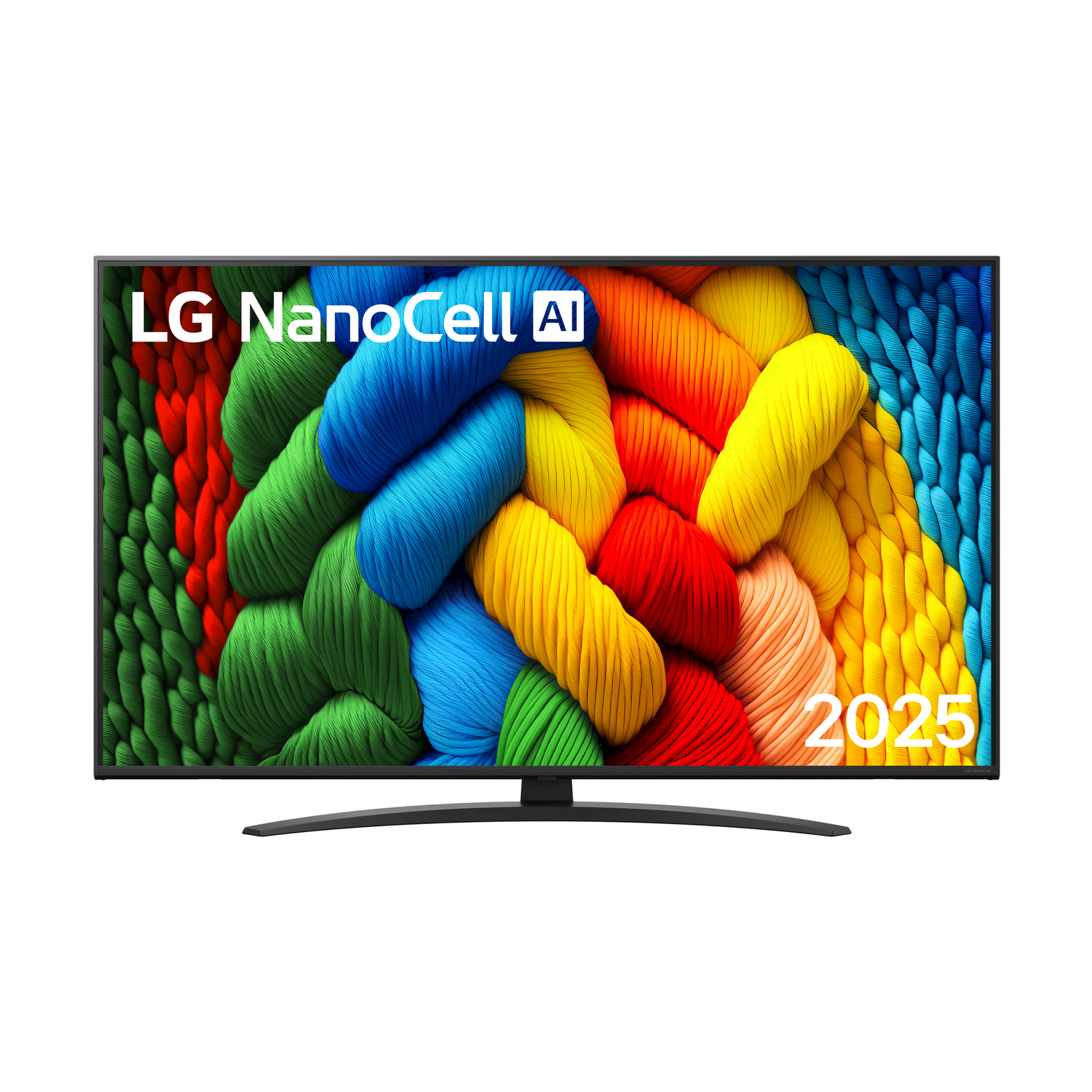 TV LG NanoCell AI 2025. Sfondo in tessuto colorato. Supporto nero. Testo bianco.