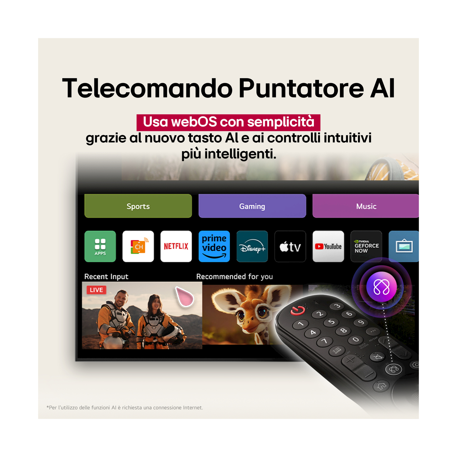 Telecomando TV con icone delle app sullo schermo.