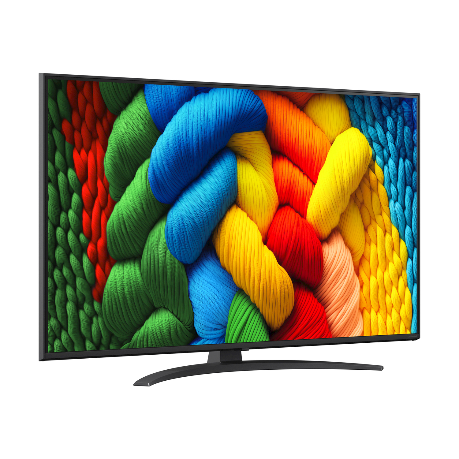 Uno schermo TV mostra fili di lana grandi e colorati in primo piano.