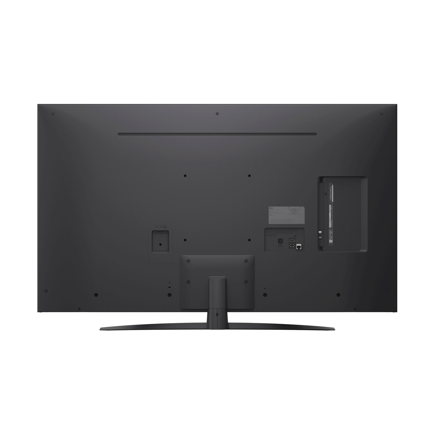Vista posteriore di un TV che mostra porte e connessioni, con un supporto nero e una base centrale.