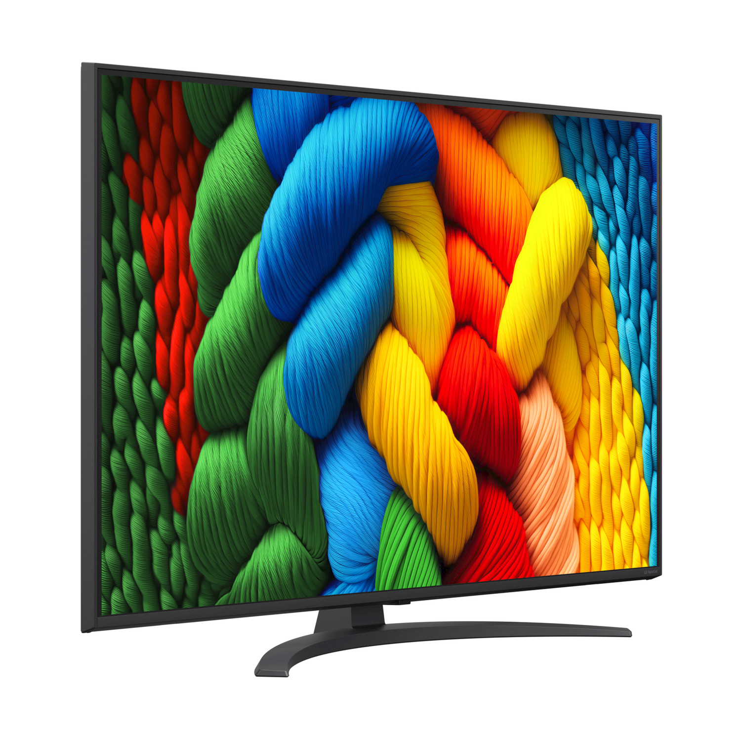 Uno schermo TV che mostra filati colorati. Il televisore è nero e in una vista angolare.