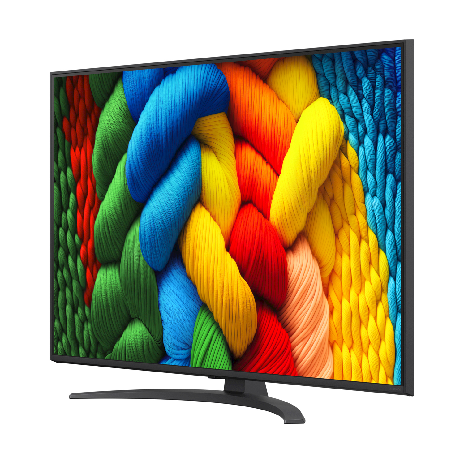 Uno schermo TV mostra arte astratta colorata con corde blu, gialle, rosse e verdi. Cornice nera.