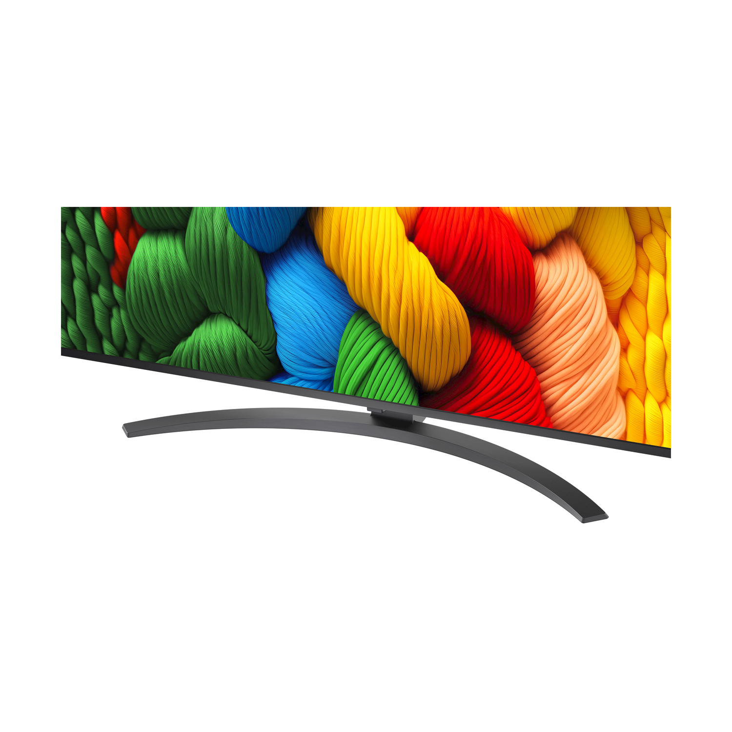 TV a schermo curvo mostra filati colorati.