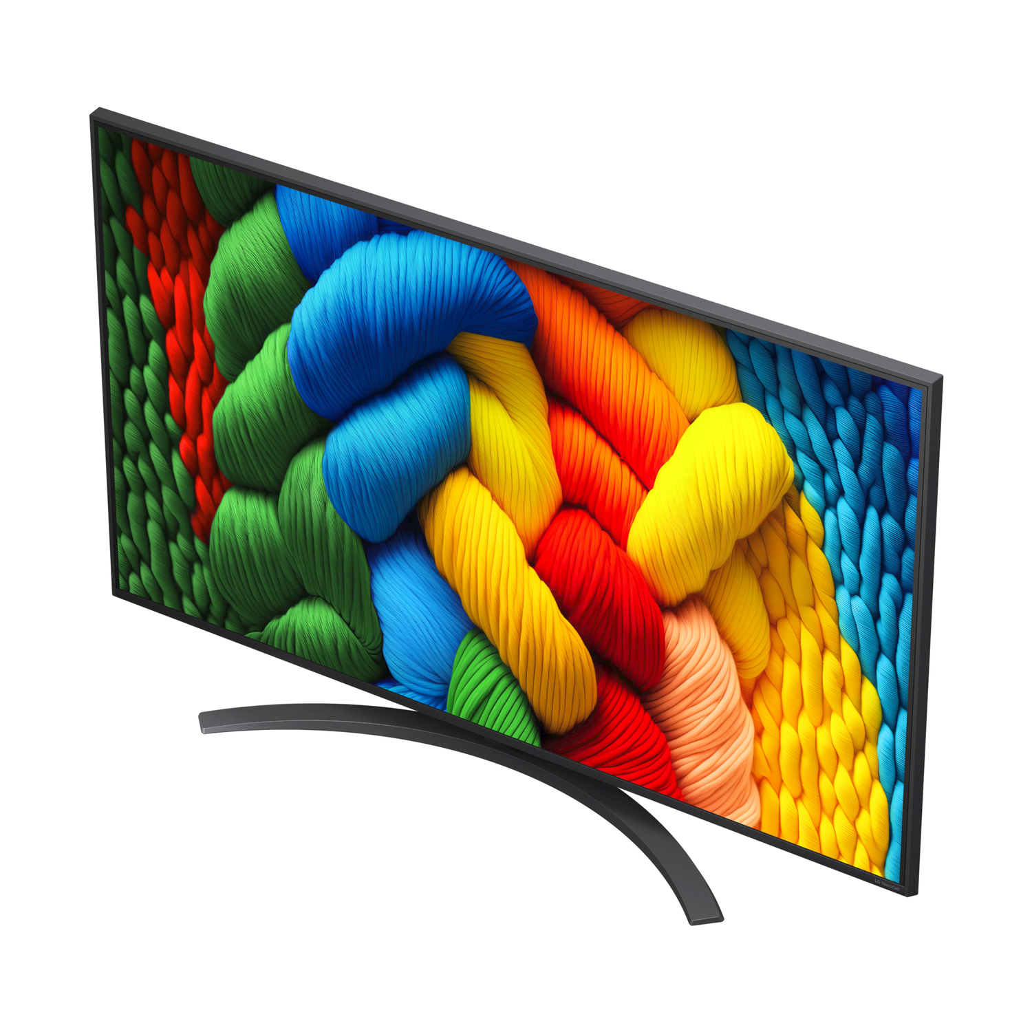 TV curvo con esposizione di filato colorato su superficie bianca.