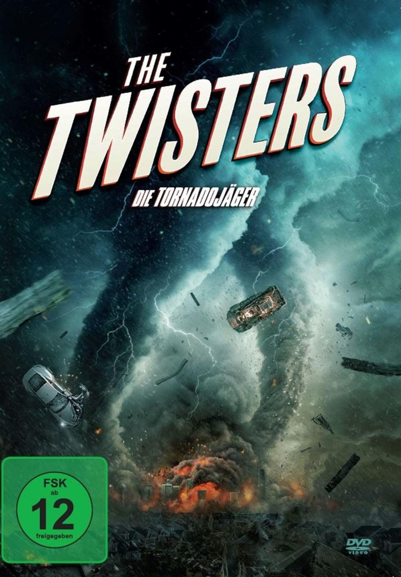 DVD-Cover von "The Twisters" mit einer Tornadoszene. Autos fliegen. Grüner und weißer Text.