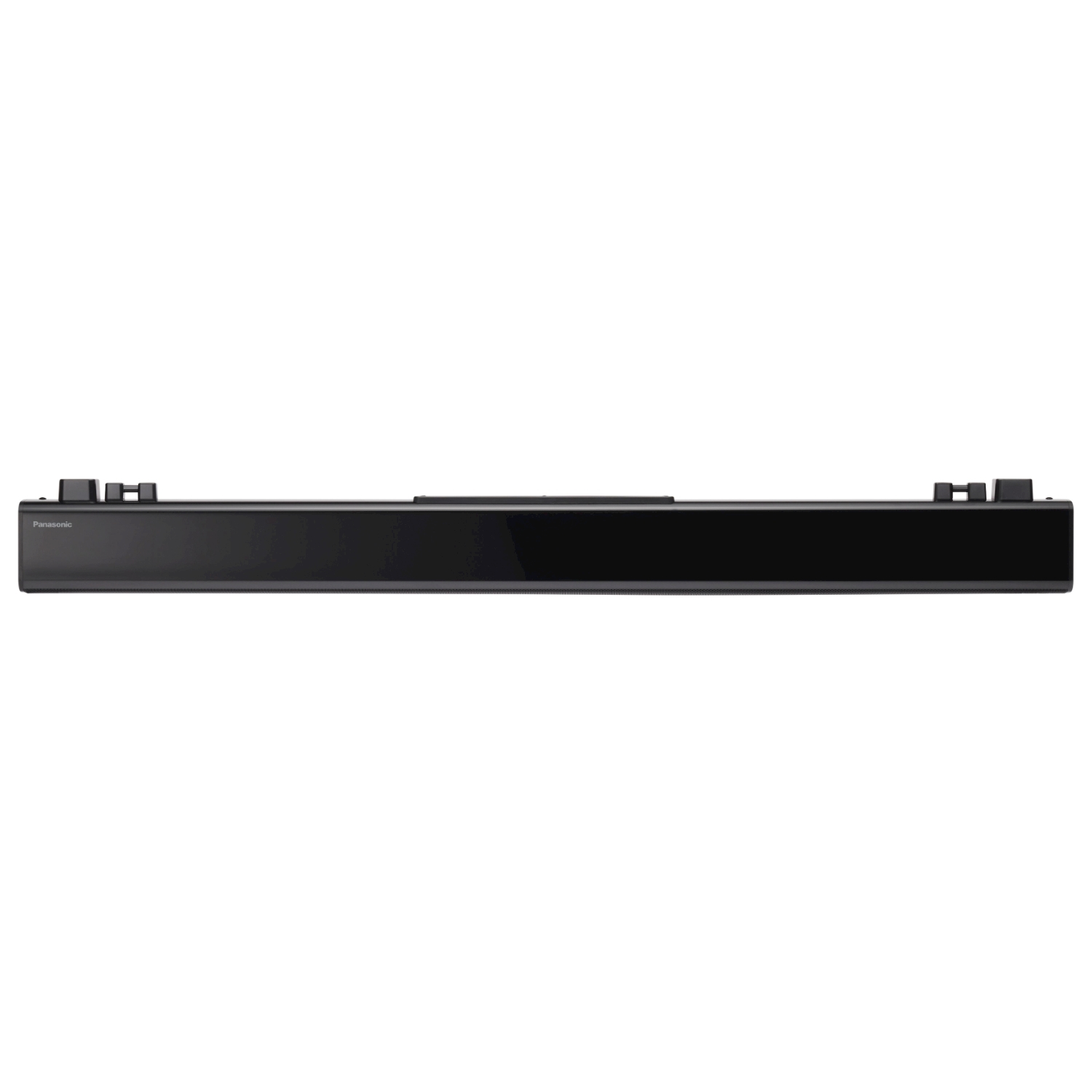 Soundbar nera con parte superiore lucida su sfondo bianco. Vista dall'alto.