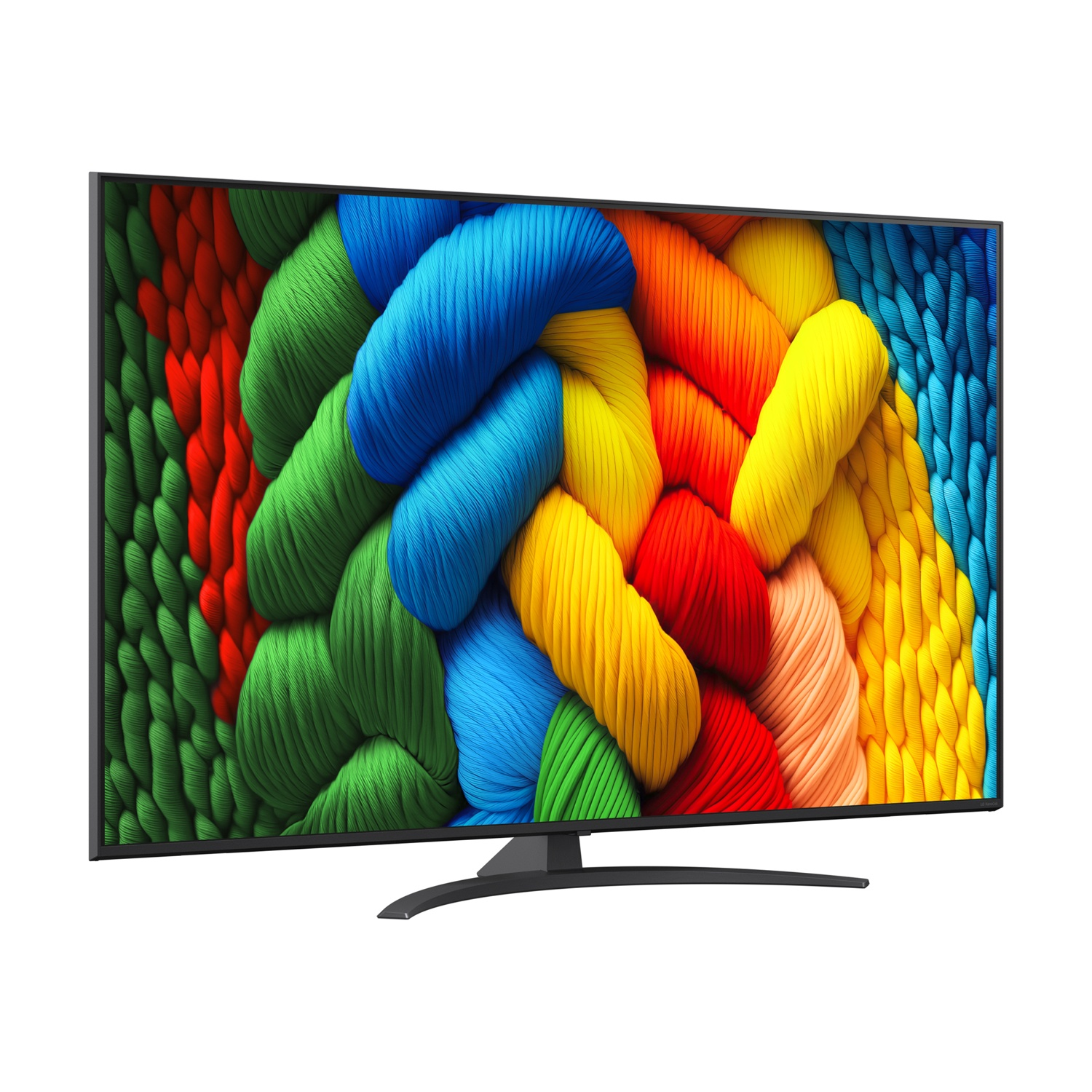 Schermo TV curvo che mostra filato astratto colorato. Cornice e supporto neri.