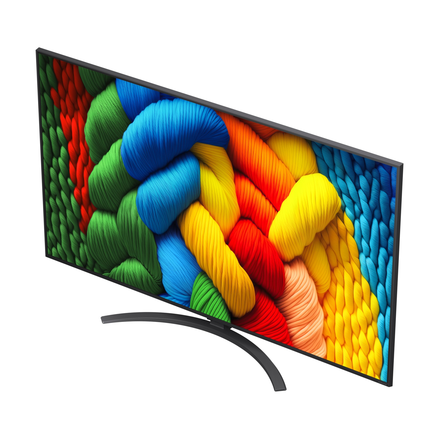 Un televisore nero con base curva mostra motivi intrecciati colorati.