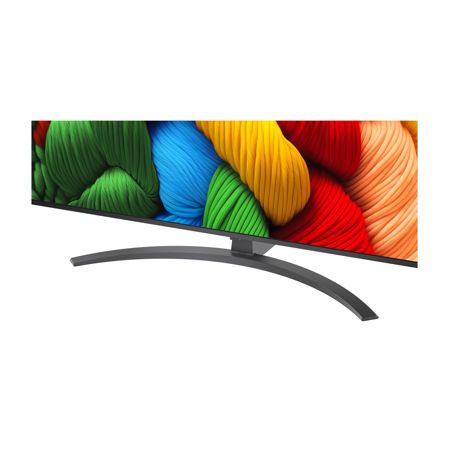 Supporto TV con filato colorato sullo sfondo, verde, blu, giallo e rosso.