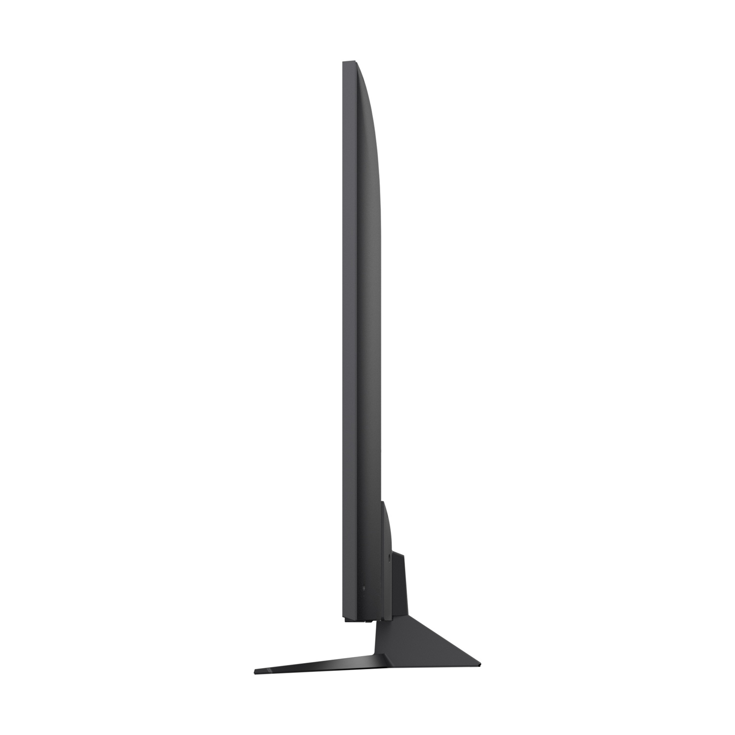Vista laterale di una TV nera su sfondo bianco, con supporto nero.