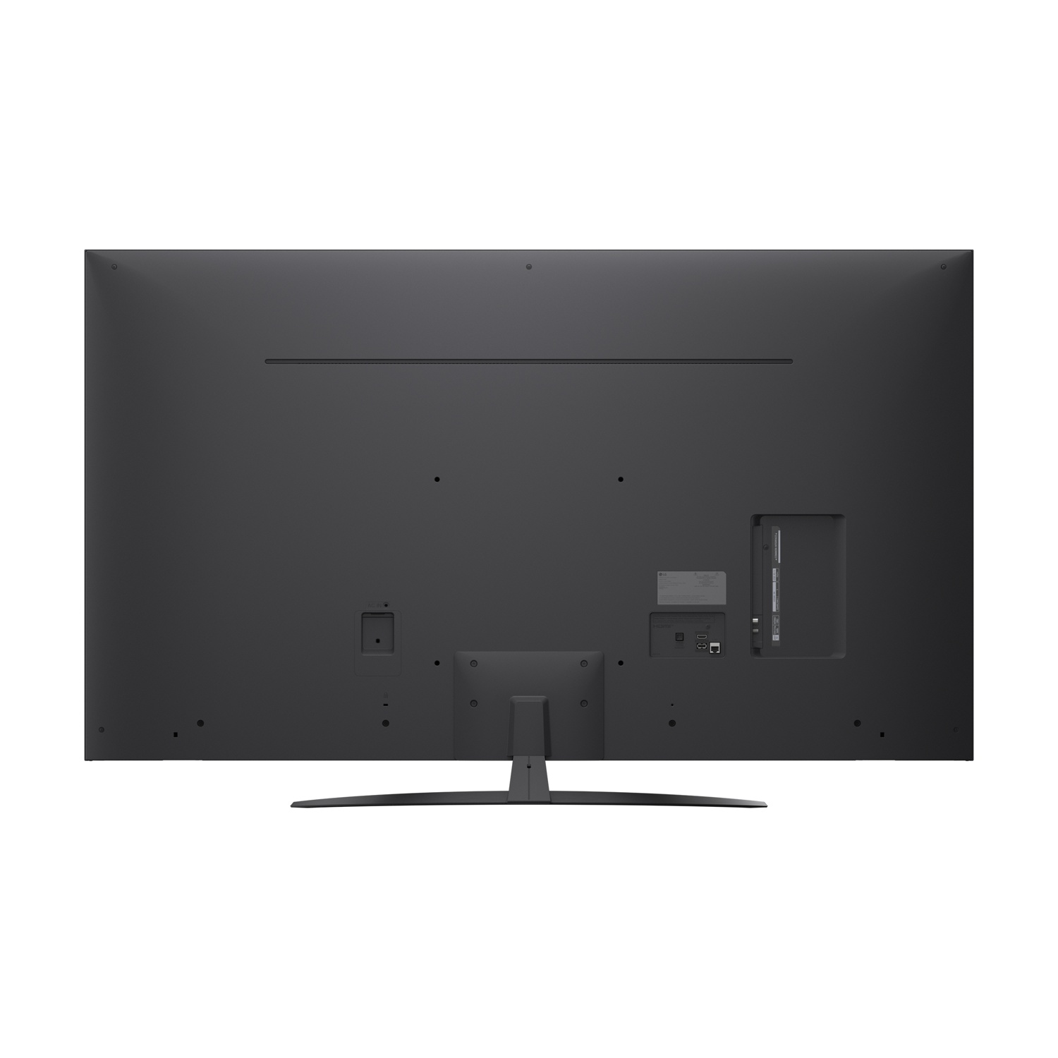 Retro di una TV nera, con supporto centrale e varie porte. Lo schermo è nero.