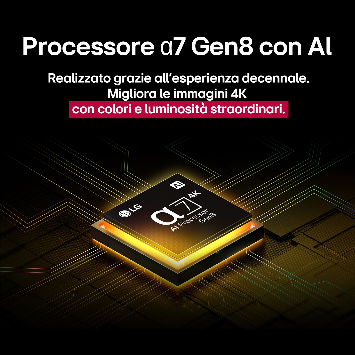 Primo piano di un processore con testo, che migliora le immagini con colori e luminosità straordinari.