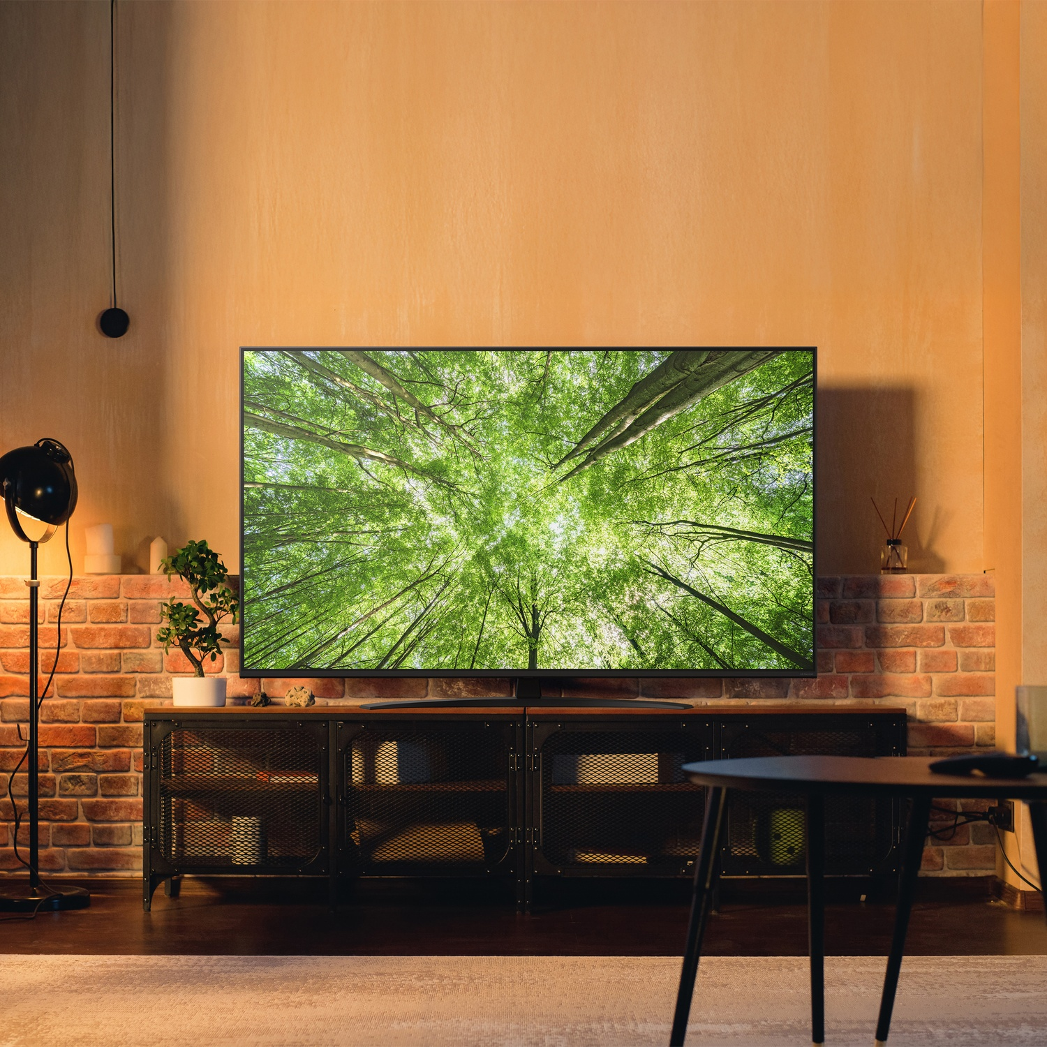 TV in una stanza che mostra una volta di foresta verde. Muro di mattoni e mobili in legno.