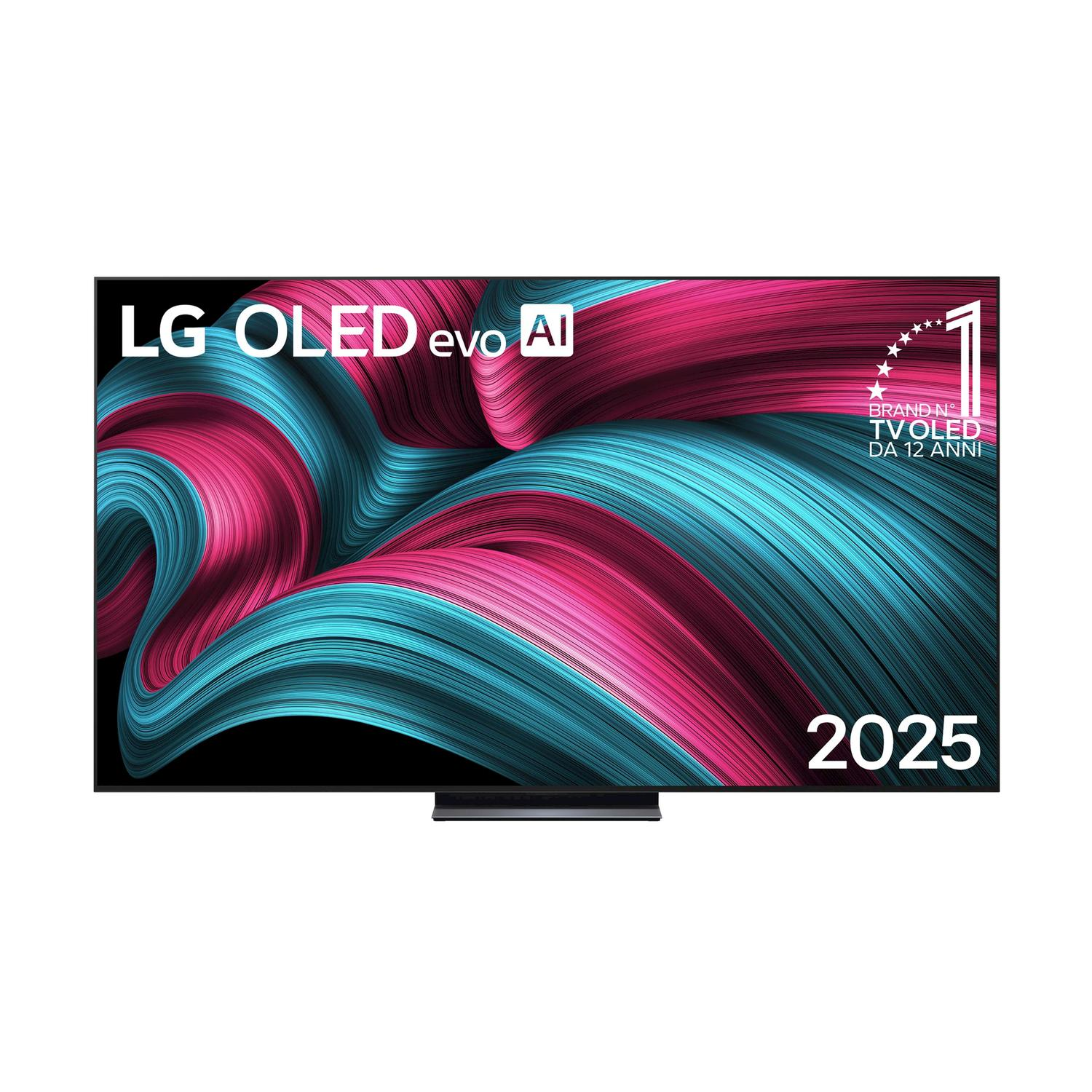 TV LG OLED evo AI 2025, design astratto colorato, cornice nera.