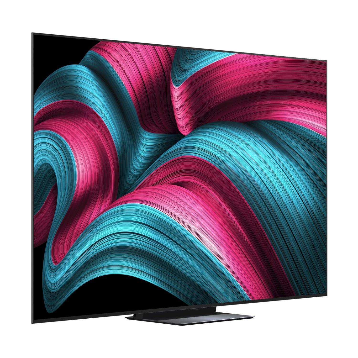 Un televisore nero con cornice sottile mostra un design astratto e colorato di onde rosa e verde acqua.