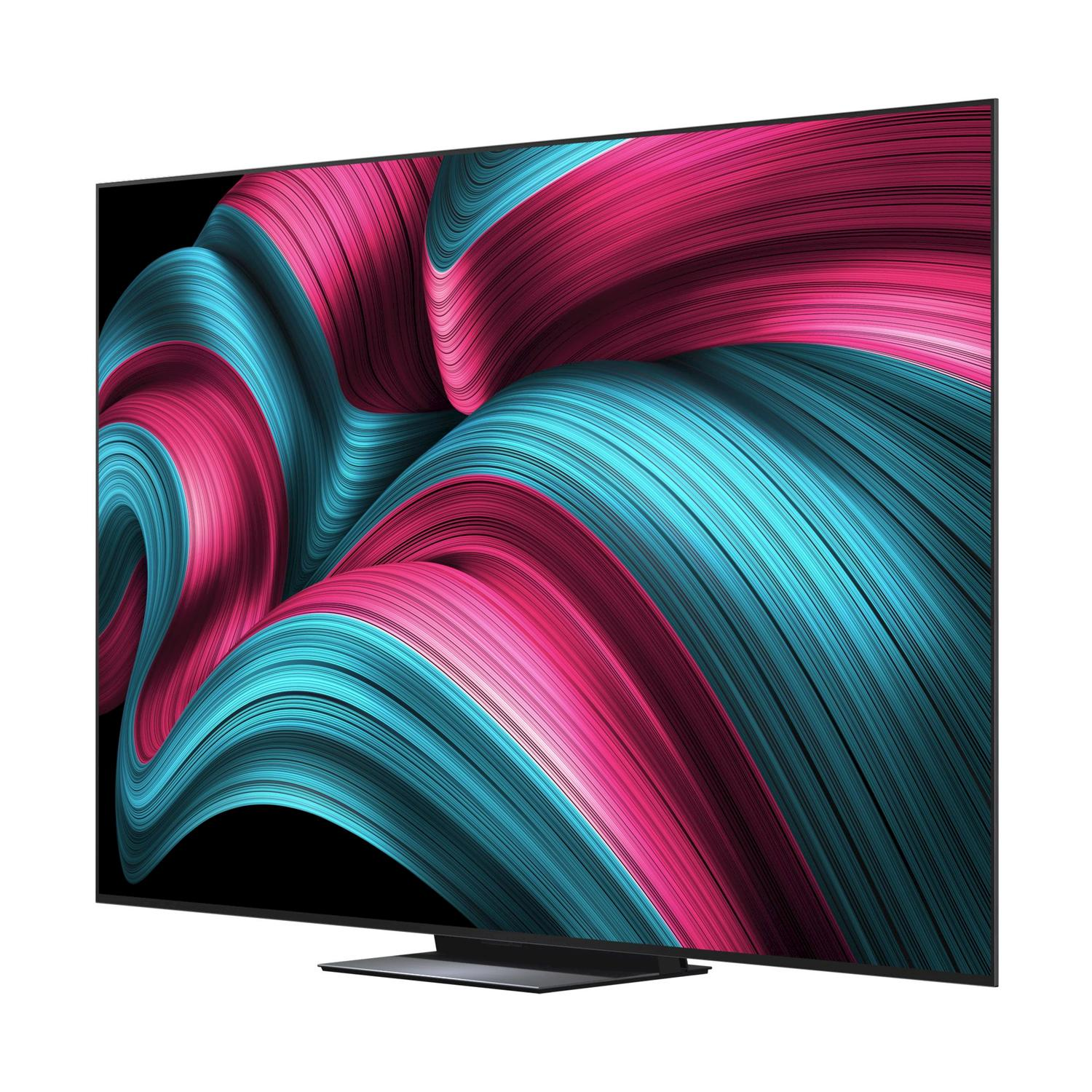 Schermo TV con linee ondulate blu e rosa. Supporto e cornice neri.