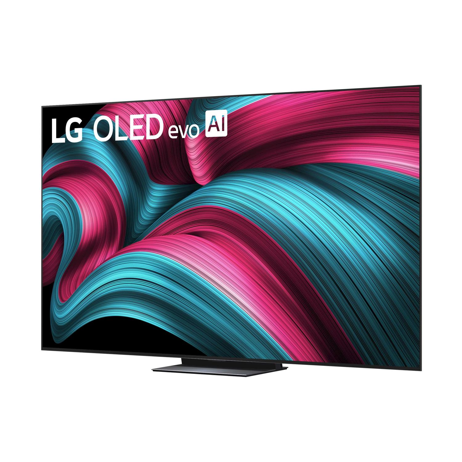 Una grande TV con LG OLED evo e un design astratto colorato sullo schermo.