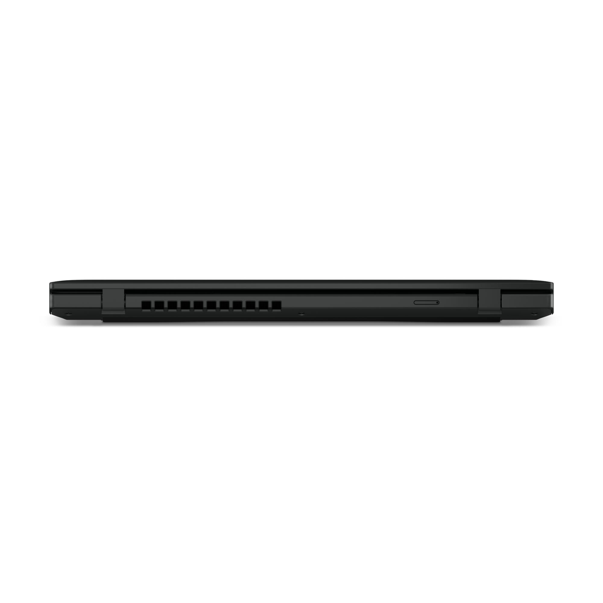 Unteransicht eines schwarzen Laptops mit Anschlüssen und Lüftungsschlitzen.