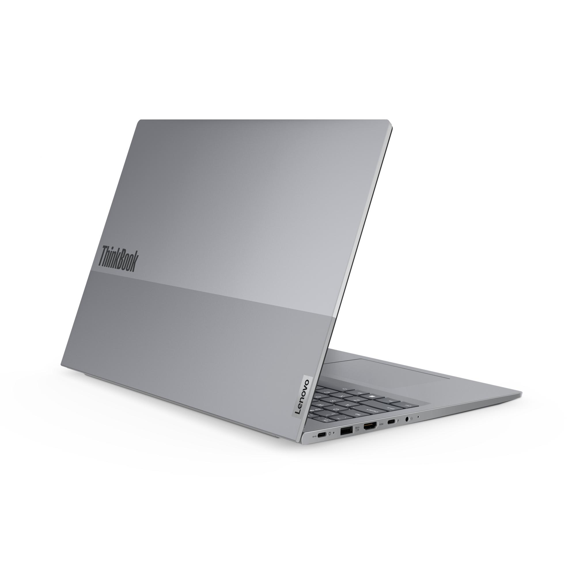 Silberner Laptop, ThinkBook-Logo oben. Lenovo-Logo unten.