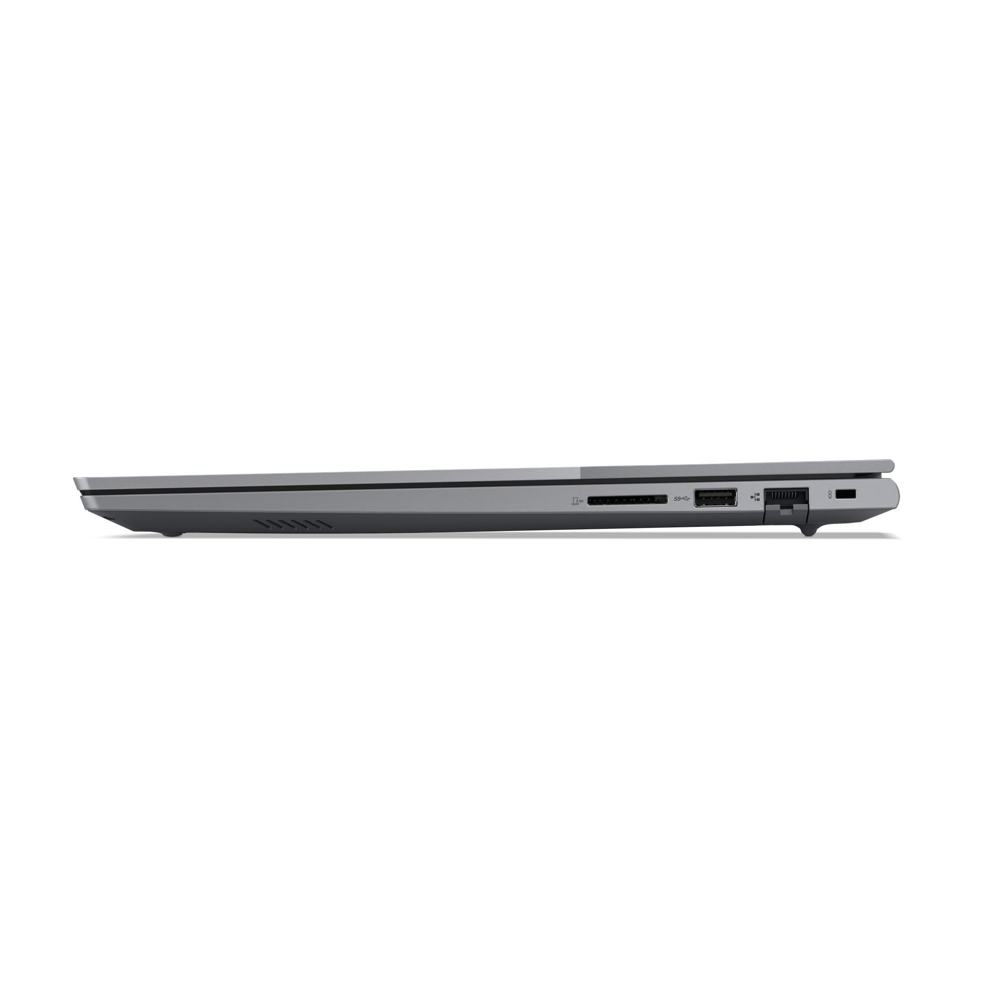 Seitenansicht eines grauen Laptops, das Seitenprofil und Anschlüsse zeigt, auf weißem Hintergrund.