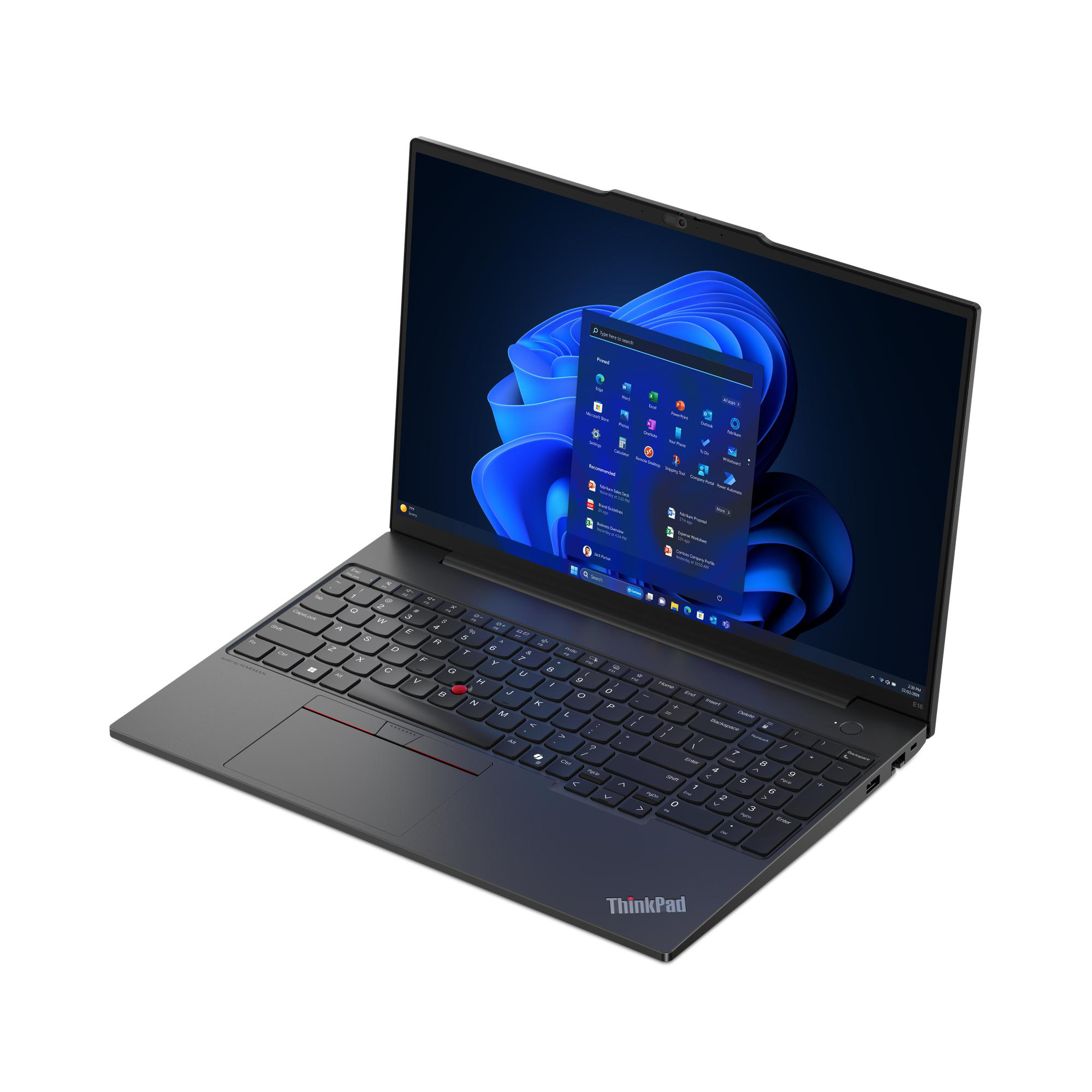 Ein schwarzes ThinkPad-Laptop ist geöffnet und zeigt das Windows-Startmenü. Tastatur und Touchpad sind sichtbar, auf weißem Hintergrund.
