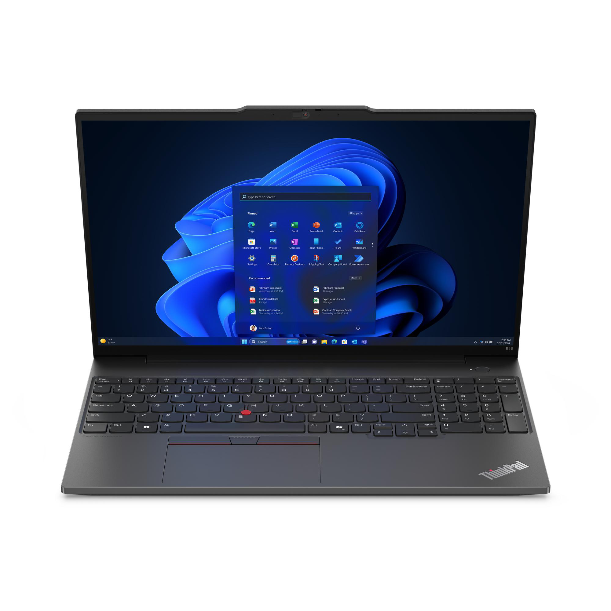 Ein schwarzer ThinkPad-Laptop ist geöffnet und zeigt das Windows 11-Startmenü. Die Tastatur ist im Vordergrund.