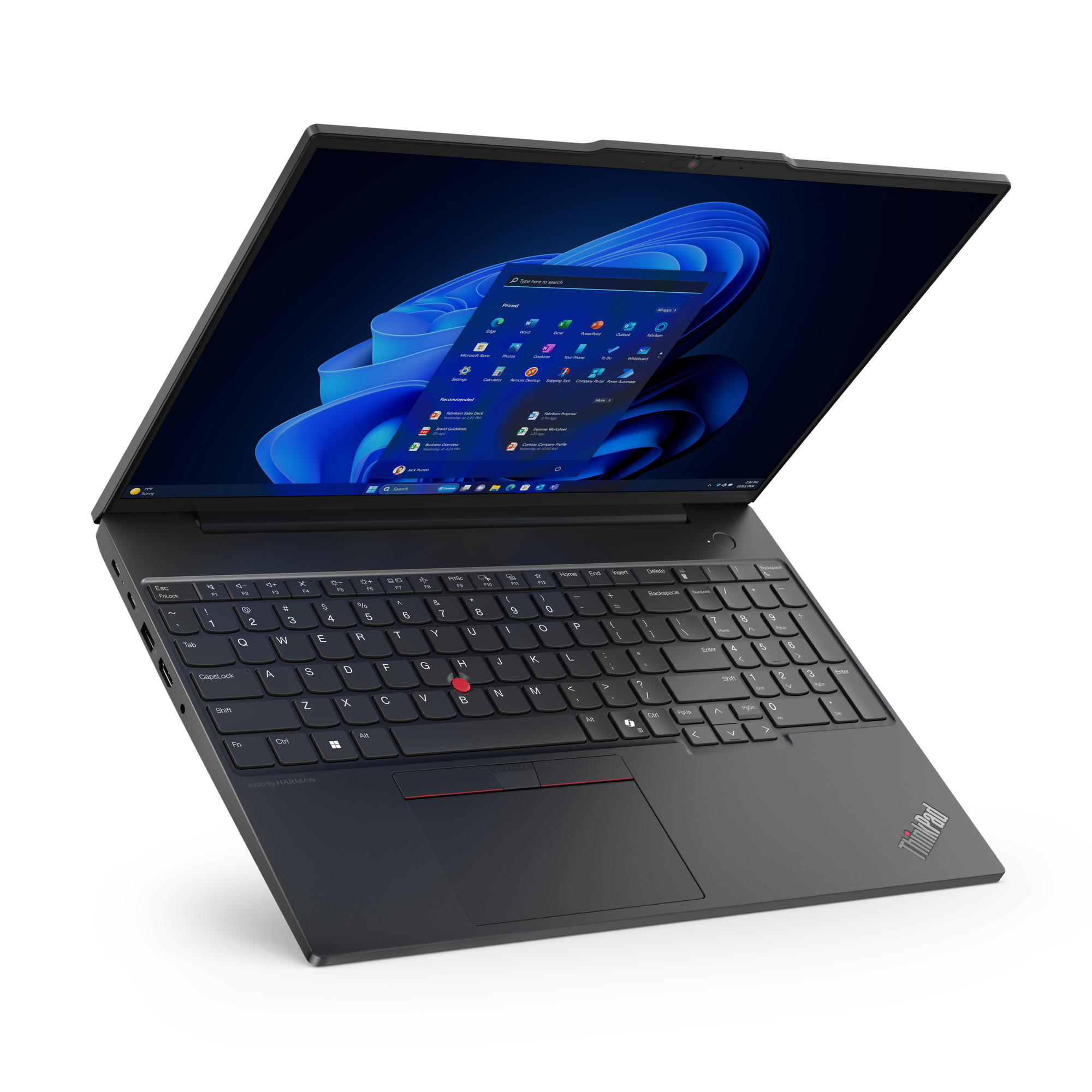 Schwarzer ThinkPad-Laptop mit offenem Bildschirm, Tastatur und rotem Trackpoint.