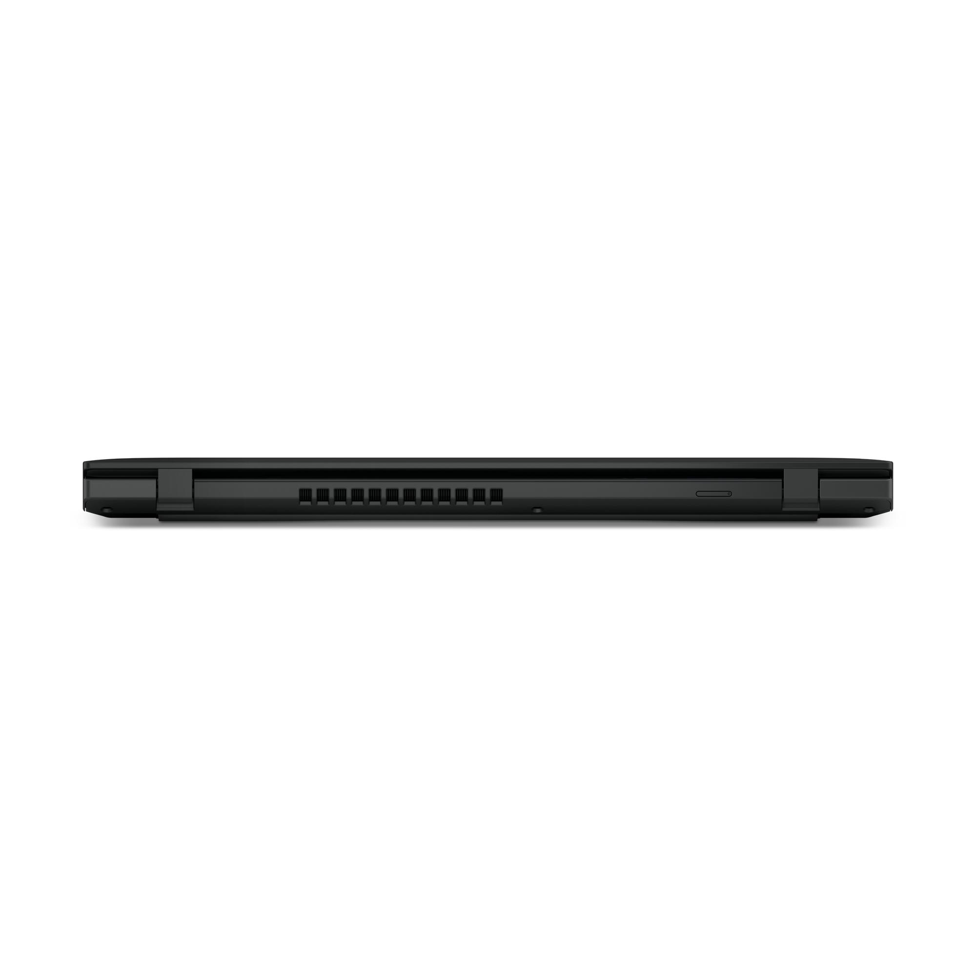 Schwarzer Laptop, Unteransicht, zeigt die Unterseite mit Anschlüssen und Lüftungsschlitzen.