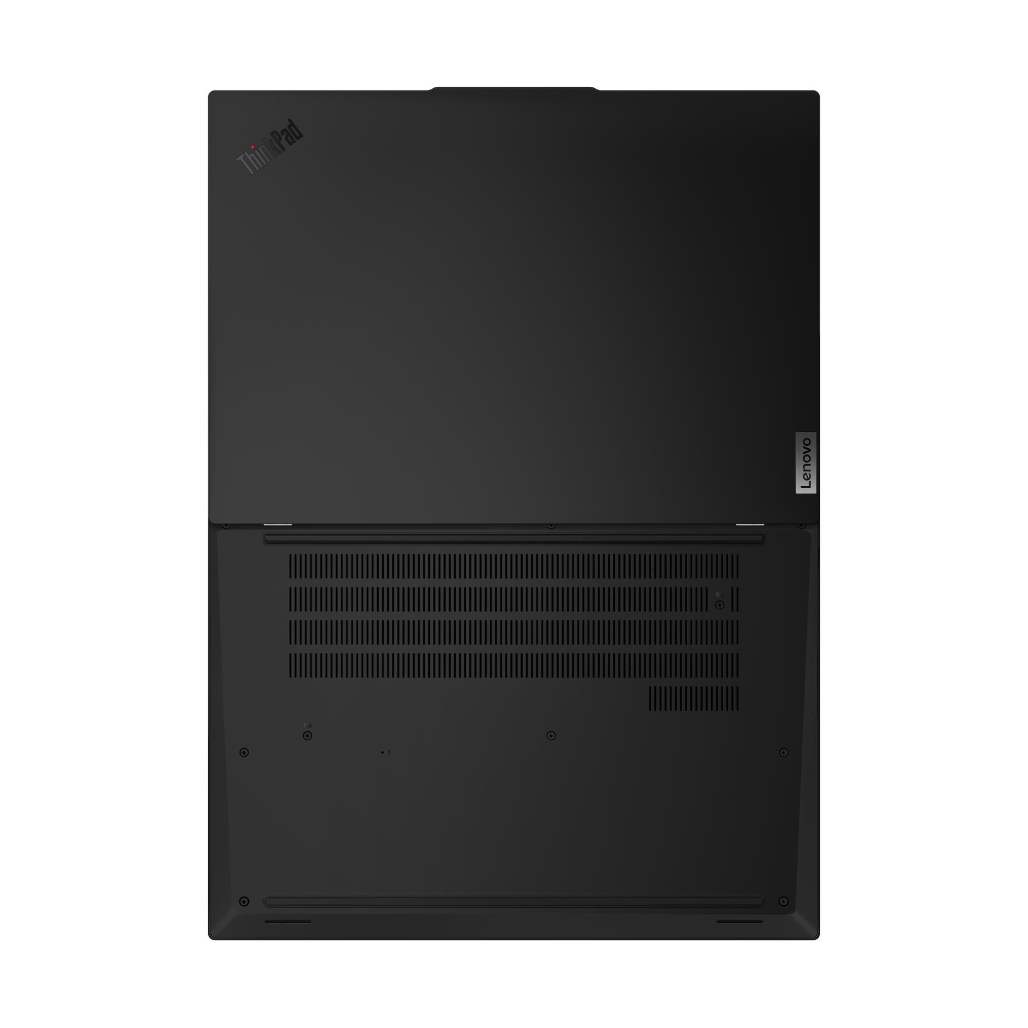 Ein schwarzer Lenovo Thinkpad-Laptop, geöffnet, mit Blick auf die Unterseite und die Tastatur.