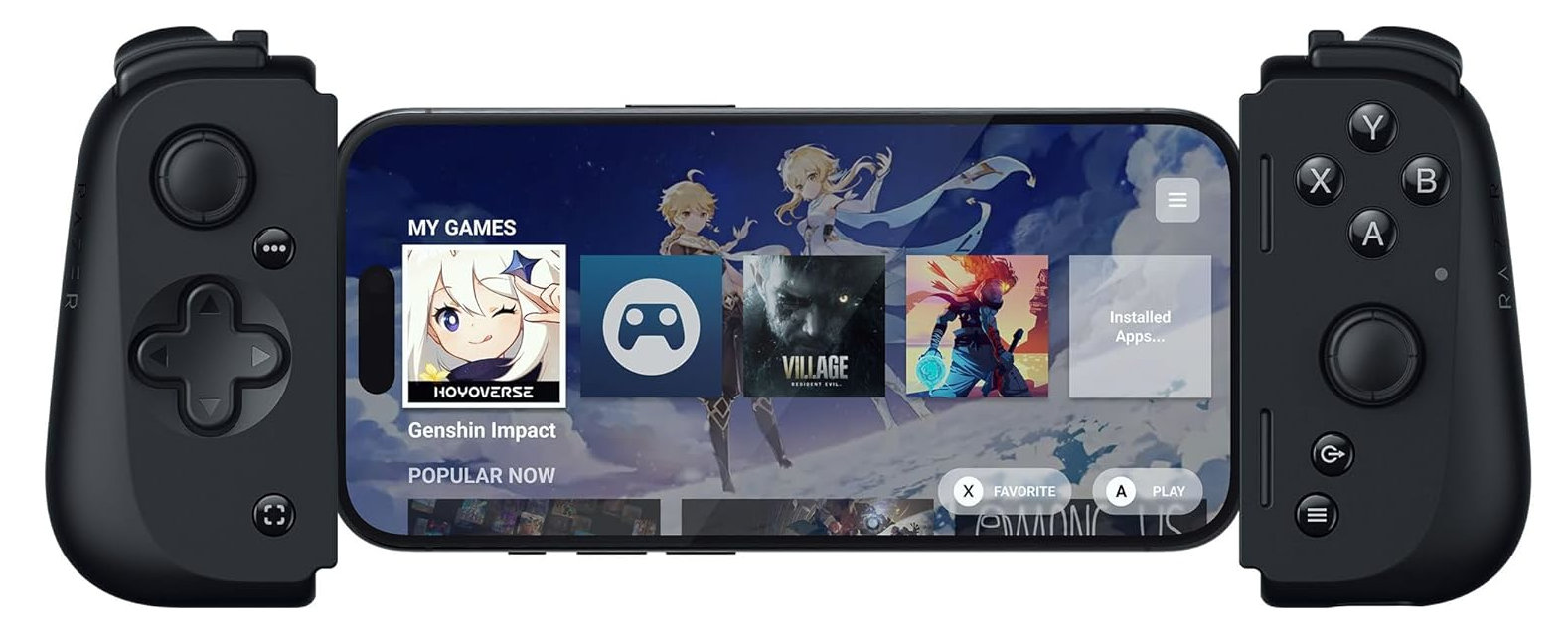 Czarny kontroler do gier trzymający smartfona z ikonami aplikacji do gier.