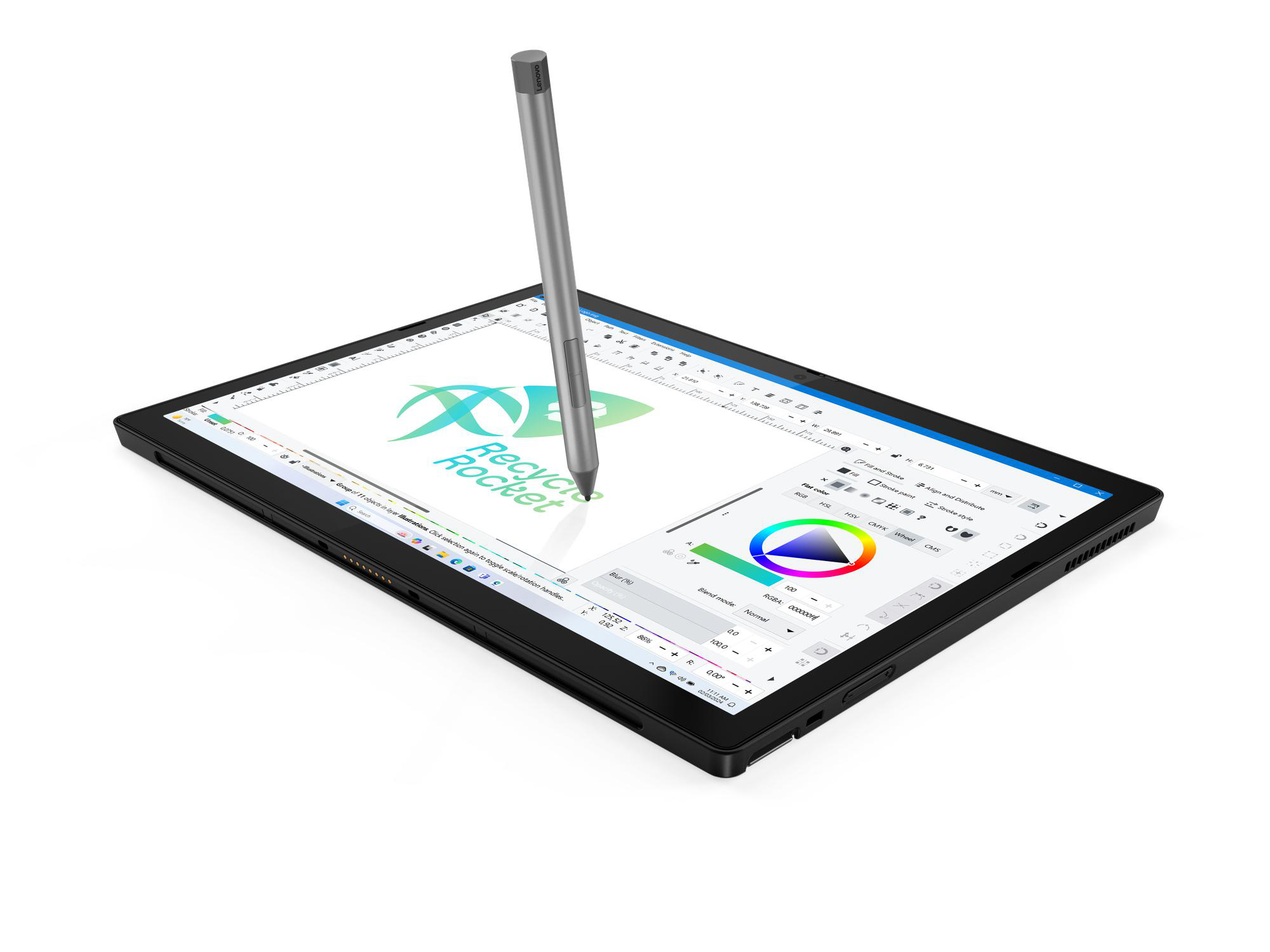Schwarzer Laptop mit Stift, zeigt eine Design-Software-Oberfläche.