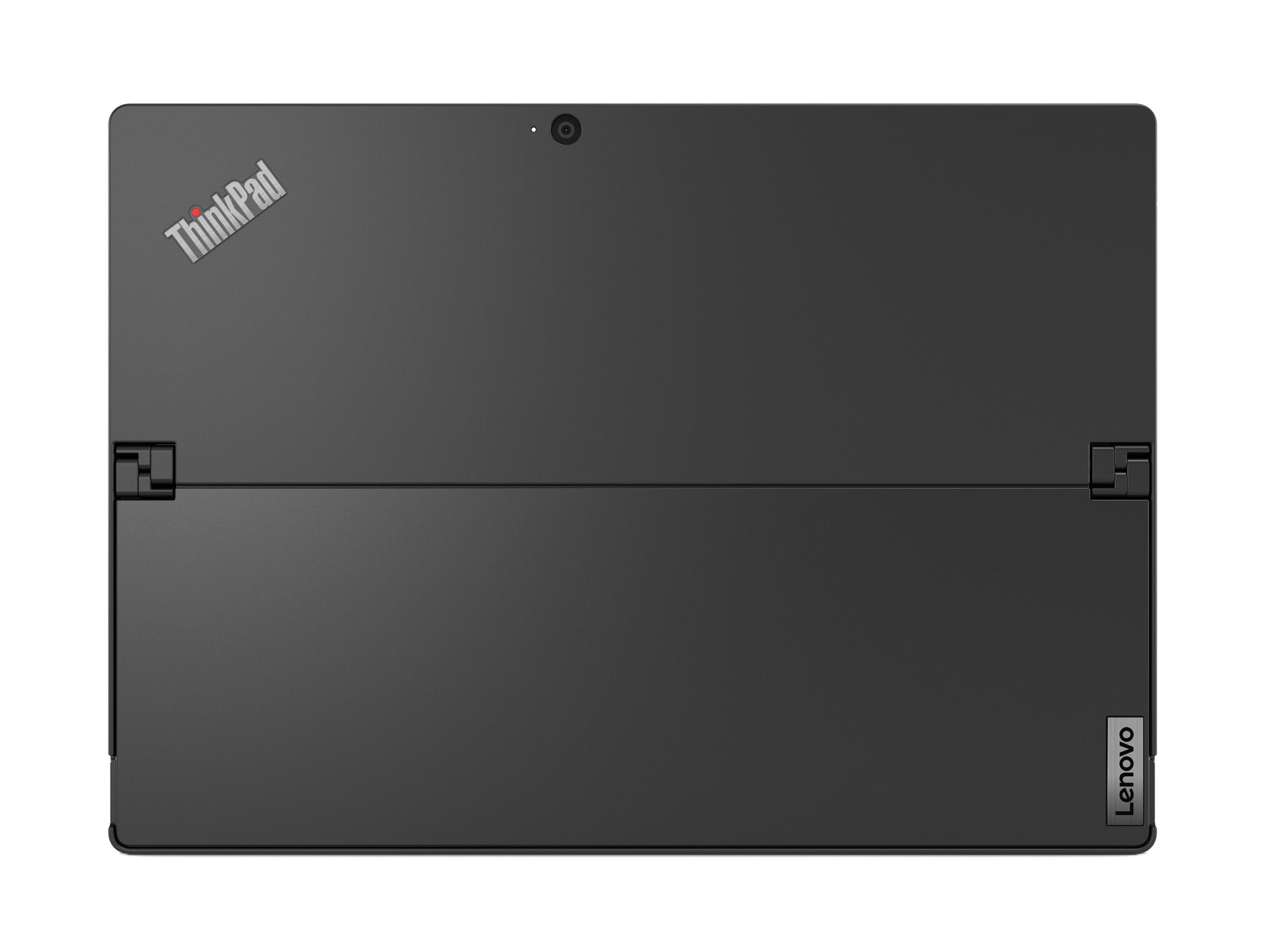 Draufsicht auf einen geschlossenen schwarzen ThinkPad-Laptop mit Lenovo-Logo.