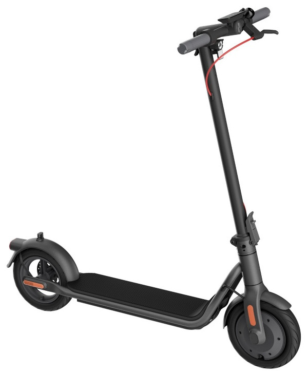 Czarno-szara hulajnoga elektryczna, skierowana w prawo, z czarnym pokładem i czerwonymi akcentami.