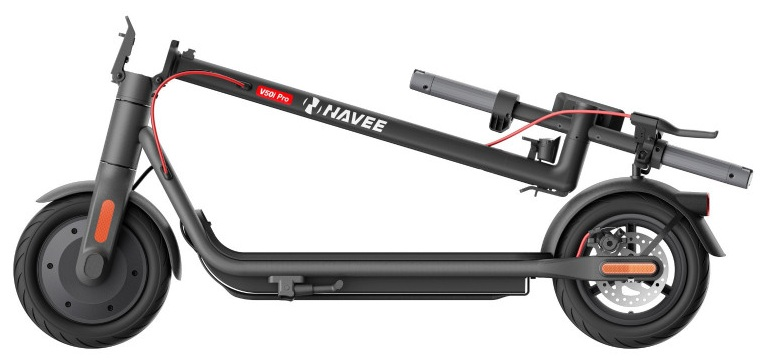 Czarna hulajnoga elektryczna Navee V50 Pro, złożona. Widoczny czerwony kabel. Czarne opony i mostek. Białe logo NAVEE.